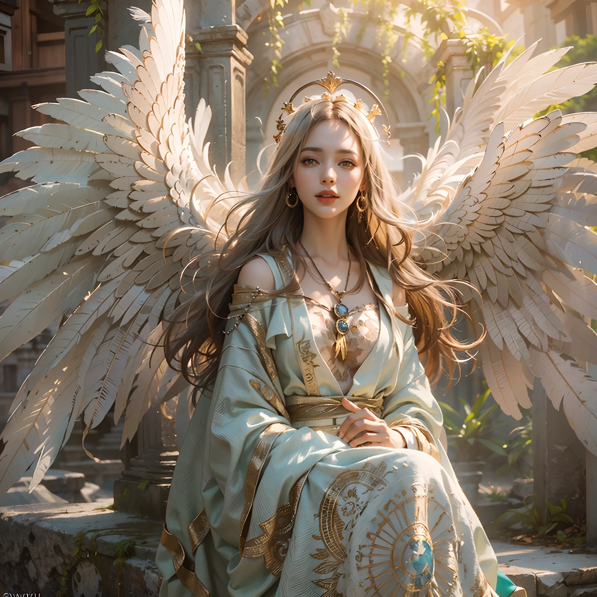 (Numerous award-winning masterpieces, stunning detail, texture & maximum detail), (A hyper-realistic:1.4), (realisitic:1.3), (Upper body up:0.3), (Full-body standing image:1.7), (best quality real texture skin), (True Circle Eyes delicate details), (A delicate and beautiful face out of this world: 1.4), (A mighty outpouring of holy light, Warm and soft,: 1.4), ((Medieval world)), (The god of birth:1.4), (Divine Halo: 1.6), (full-body portrait:1.5), (The warmth of a loving mother), (There is joy in her eyes and a happy smile on her face: 1.3), (Open mouth and smile happily), (Beautiful eyes that sparkle), (Full-body standing image:1.7), (dramatic lighting), (A majestic sight), Her expression is full of tenderness and beauty, (Divine Splendor Magic Circle: 1.6), (Large wings with beautiful white feathers behind the shoulders: 1.3), (Wear a white hooded robe with an elaborate pattern..: 1.4), Folded wings, Earrings in a divine atmosphere of refined craftsmanship, Little angels followed, (((Dramatic photos))), (sunrise), (sunset), (Sunny), ((dramatic pose)), (Brilliant photos), (Golden hair), (Silver hair), (Chestnut Hair), ((inquiry)), ((Looking down)), (Full-body standing image courtesy:1.5), (On her neck is a simple necklace of exquisite workmanship), Old ruins infested with vegetation, Great temple, The Great Cathedral, Great Gentleman, Temple ruins, Detached temples, Ruins of an ancient castle, Desolate ruins, crumbling ruins, Ancient ruins with clear water, ripple, flowing water, Majestic mass of clouds and shining sky, epic realistic, murky, fine art, (Greg Rutkowski:0.8), (teal and orange:0.4), (Art Station:1.5), films, ((neutral colors)), (HDR:1.5), (muted colors:1.2), Hyper Detail, dramatic lighting, (intriciate detail:1.1), complicated background,