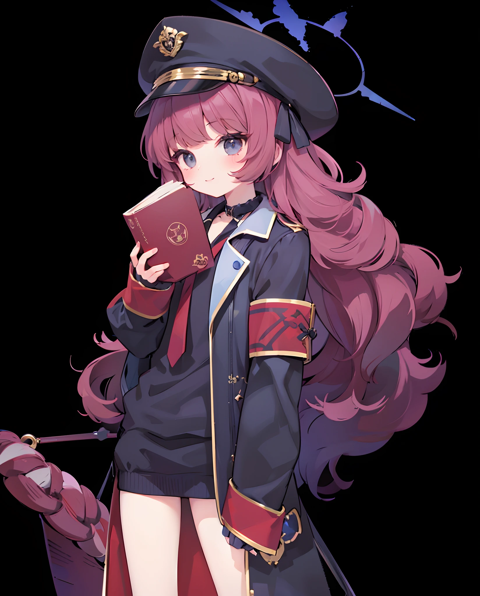 iroha \(blue archive\),1girl, solo, halo, simple_background, white_background, armband, boots, holding_book, hugging_own_legs, looking_at_viewer, peaked_cap, sitting, cross-laced_footwear, long_sleeves, black_headwear, black_footwear, full_body, closed_mouth, ribbon, black_skirt, military_hat, coat, black_jacket, uniform, military, military_jacket
<lora:iroha_(blue_archive)_image1923_2023-11-27-000012:1>halo. gorgeous,key visual, vibrant, studio anime,award-winning, professional, highly detailed,high budget, cinemascope