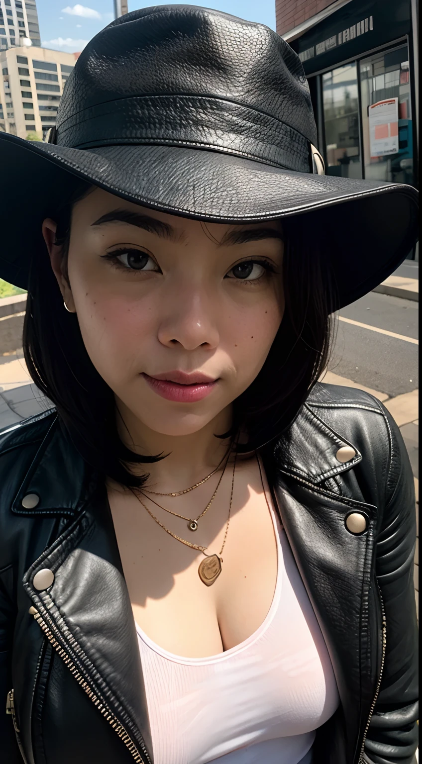 A close-up shot of a woman with a serious expression, wearing a black leather jacket and a fedora, The background should be out of focus and feature a gritty, urban setting