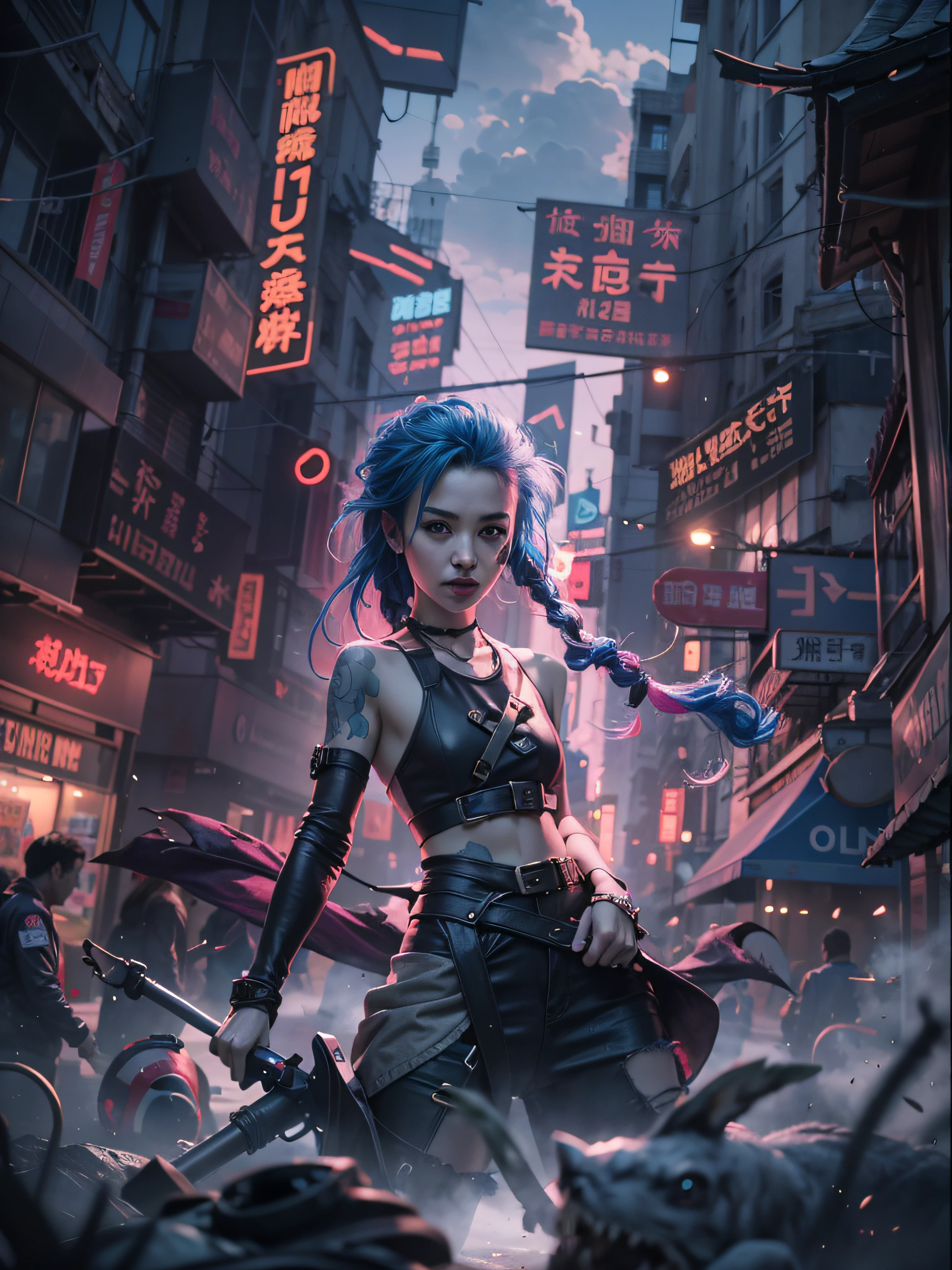 Cyberpunk-city,Just experienced the war,The streets are dilapidated,Jinx,Jinx stands on a pile of dead monsters,(Fisheye lens 1.3)(Selfie 1.2) wide wide shot,self-shot,guffaw,frenzied,Blue hair, with brown eye, ripped jeans, white t - shirt, jaqueta de couro, Side lighting, best qualtiy, A high resolution, sportrait , 50 mm, full framing, 4K 分辨率,Cinematic lighting,