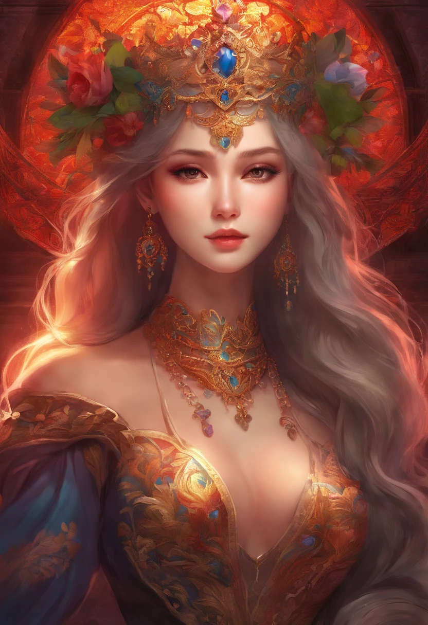1 heroine, 1 beautiful princess, In the dark: 1.6), surreal female portrait by David Hockney and Alphonse Mucha, Fantasy art, korean-doll, Photorealism, Dynamic lighting, art  stations, poster for, voluminetric lighting, Very detailed faces, 8K Ultra, All body, Awarded, In the dark, deepshadow, low tune, cowboy lens, (Red phoenix dress: 1.4), Long hair, Black hair, Bust, luxurious palace, Royal style, Princess Crown, Big round black eyes, Style Royal, The most beautiful face, Large, regular breasts, Super realistic,