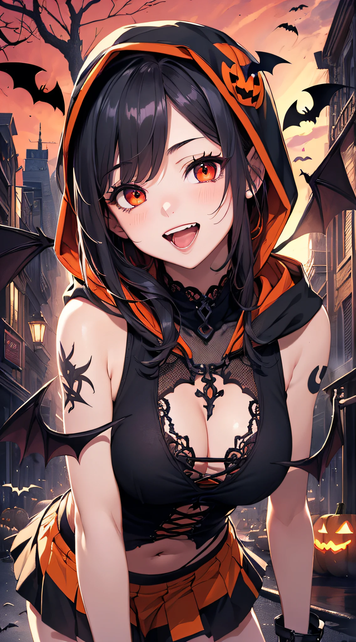 top-quality、Top image quality、​masterpiece、s girl((18year old,Succubus、Black and orange tattered tank top,Tattered orange and black short skirt、Tattered orange short-sleeved hoodie、Wearing a hood,Best Bust、Bust 85、A dark-haired、Longhaire,Red eyes、open chest wide、Valley、Happiness、A slender、Blood coating、Leaning forward、Prank、Laughing mouth、Pointed teeth、Black wings、Pampering、Emphasis on the chest、clow pose、Bats tattoo、Turn around)）hiquality、Beautiful Art、Background with((A city scape、Red sky、Halloween at night、the bats、pumpkins,Nightmare))、masutepiece、Elaborate design、visualart、Theatrical films