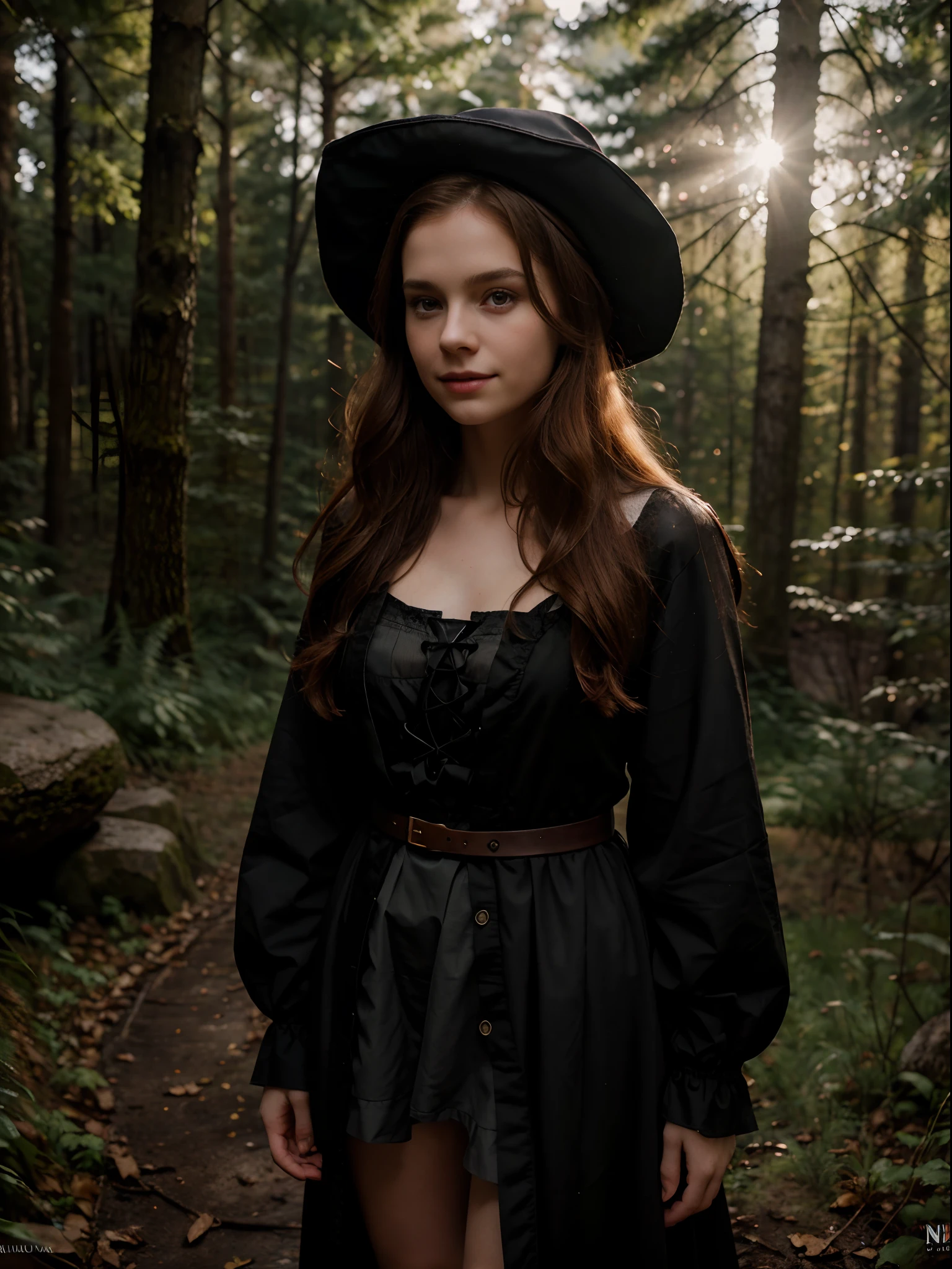 Cute 12 years old European girl,  in the dark forest, big black wolf behind her, traditional medieval clothes, red hat, seductive look, honey hair, pale skin, hyper realistic, lifelike texture, dramatic lighting, backlighting, Nikon RAW photo, 8k, Fujifilm XT3, masterpiece, best quality, realistic, (photorealistic:1.4), ultra detailed, full body visible, little smile