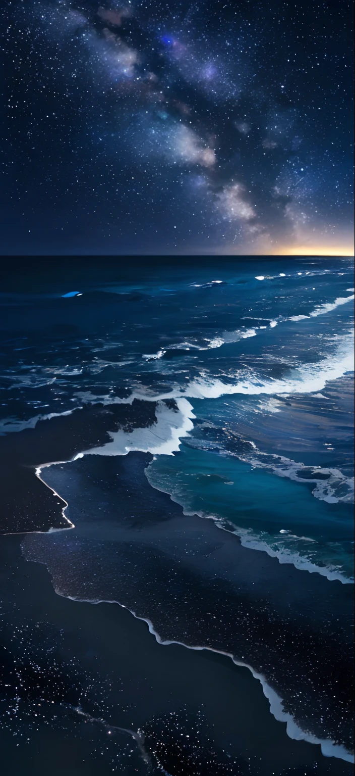 a view of a beach with a body of water under a starry sky, mikko lagerstedt, night sea, tranquility of the endless stars, the night sky is a sea, ocean pattern and night sky, beautiful dark beach landscape, interstellar night, inspired by Michal Karcz, night sky reflected in the water, dark starry night, night sky photography, lonely night