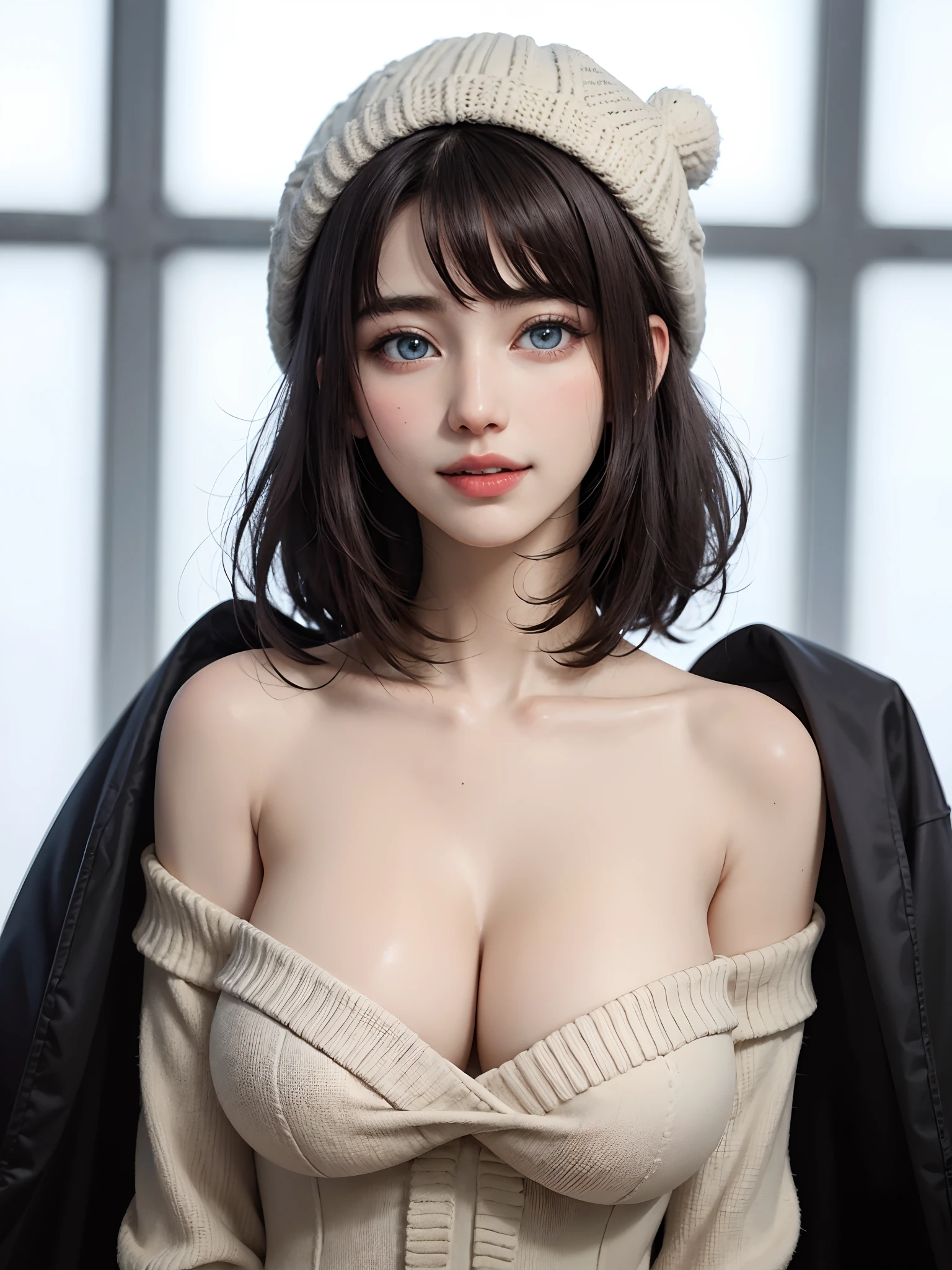 (Making SFW、masutepiece、Top image quality、top-quality、1 person woman、A very beautiful adult woman with a very cute smile、Symmetrical beautiful face、Beautiful woman full of adult charm、Gradient eyes、Intense crystal light blue eyes、Intense highlighting of the eyes、Slightly bigger eyes、Lashes、Double eyelids、lipgloss、Beautiful teeth、Beautiful teeth alignment、Put your ears out、Beautiful long neck、shorth hair、Lustrous hair、crossed bangs、asymmetric bangs、Head tilt、Look firmly at the camera、Turn the body slightly to the left)、Beautiful design winter clothes coat coordination、Winter coat、Winter clothes hat、Deities々Forest background:1.6、28 year old beautiful woman、Smaller face、Short beautiful hair that feels movement、{Gigantic|Big|Huge|Mega} breasts, cleavage、Very tall supermodel、Supermodel with very broad shoulders、