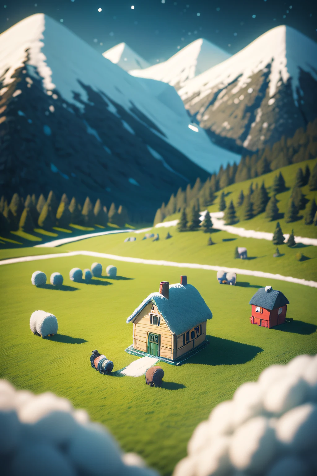 cute world of wool felt, wool knitted fabric, cartoon, cabin, big farms, sheeps, green grass, snowy mountrain, flower, super cute, superb lighting, volumetrics, by Jon Klassen, Ghibli Studio style, Tilt - shift, 80mm lens, Large aperture, 3d, blender, masterpiece, super detail, best quality
