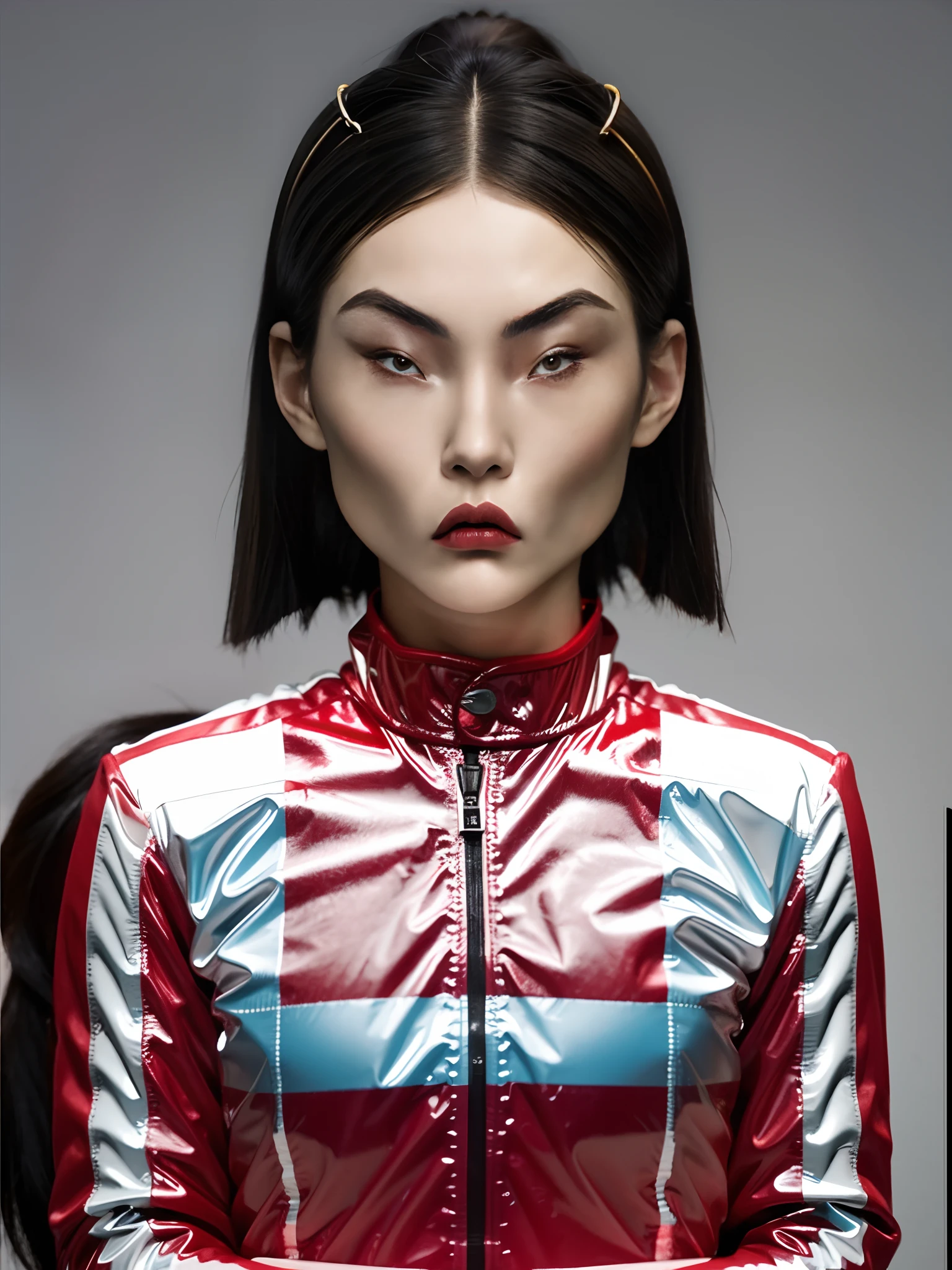 A Chinese high school girl,little breast,Wearing PVC red casual clothes, Sportswear, Race costumes, Motorcycle set,punky style
