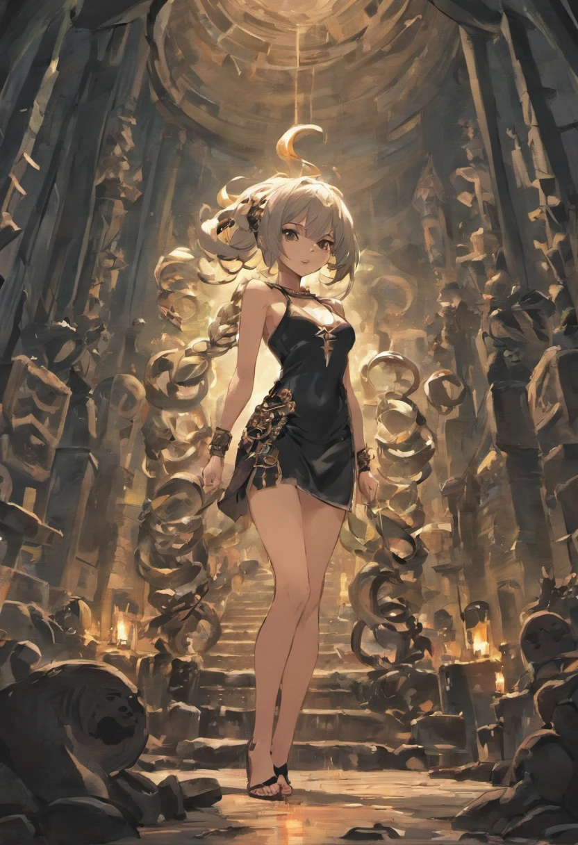 black and gray colors of a woman with a strong physique, full breasts, in a tank top, long hair, with closed eyes playing the guitar with thorns and a skull design, women's skulls in the background with giant snakes with their mouths open and sharp teeth all around, with the floor with many red candles and skulls