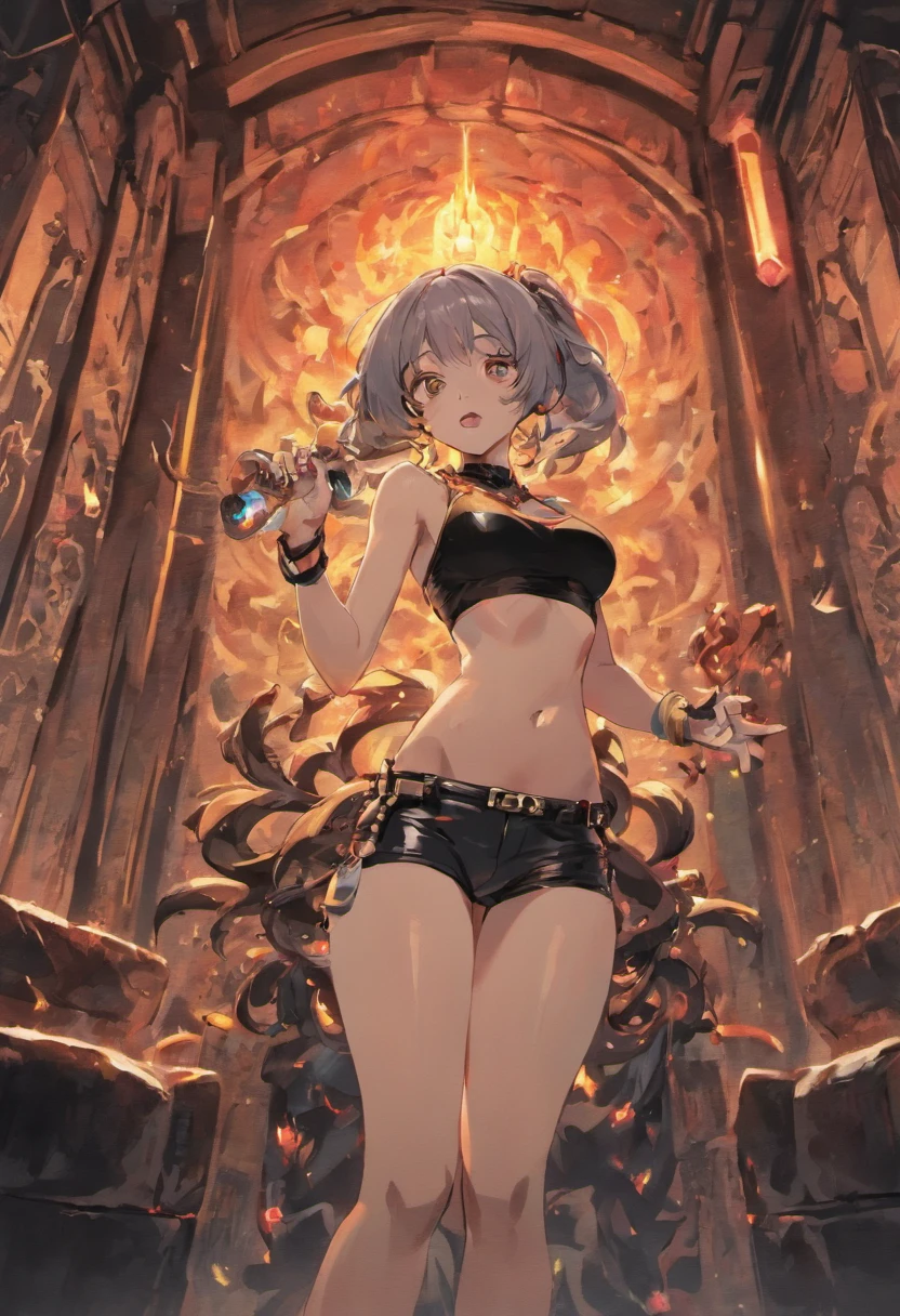 black and gray colors of a woman with a strong physique, full breasts, in a tank top, long hair, with closed eyes playing the guitar with thorns and a skull design, women's skulls in the background with giant snakes with their mouths open and sharp teeth all around, with the floor with many red candles and skulls