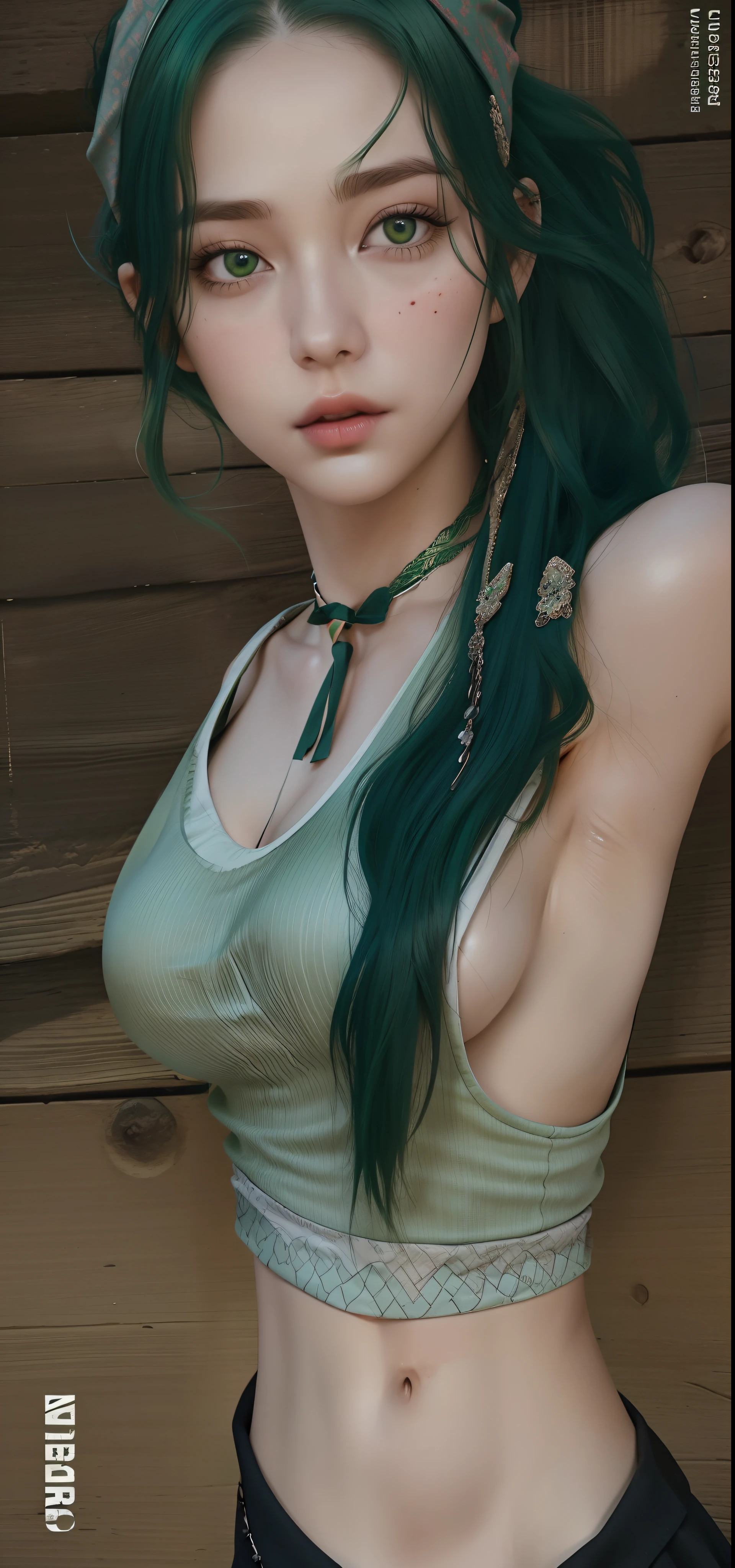 a close up of a woman with green hair and a bandana, upper body close up, detailed unblurred face, close up half body shot, upper body close - up, ! split hair dye!, close up bust shot, big breast, green flowing hair, [ 4 k photorealism ]!!, wearing shiny breastplate, in game, neck zoomed in from lips down