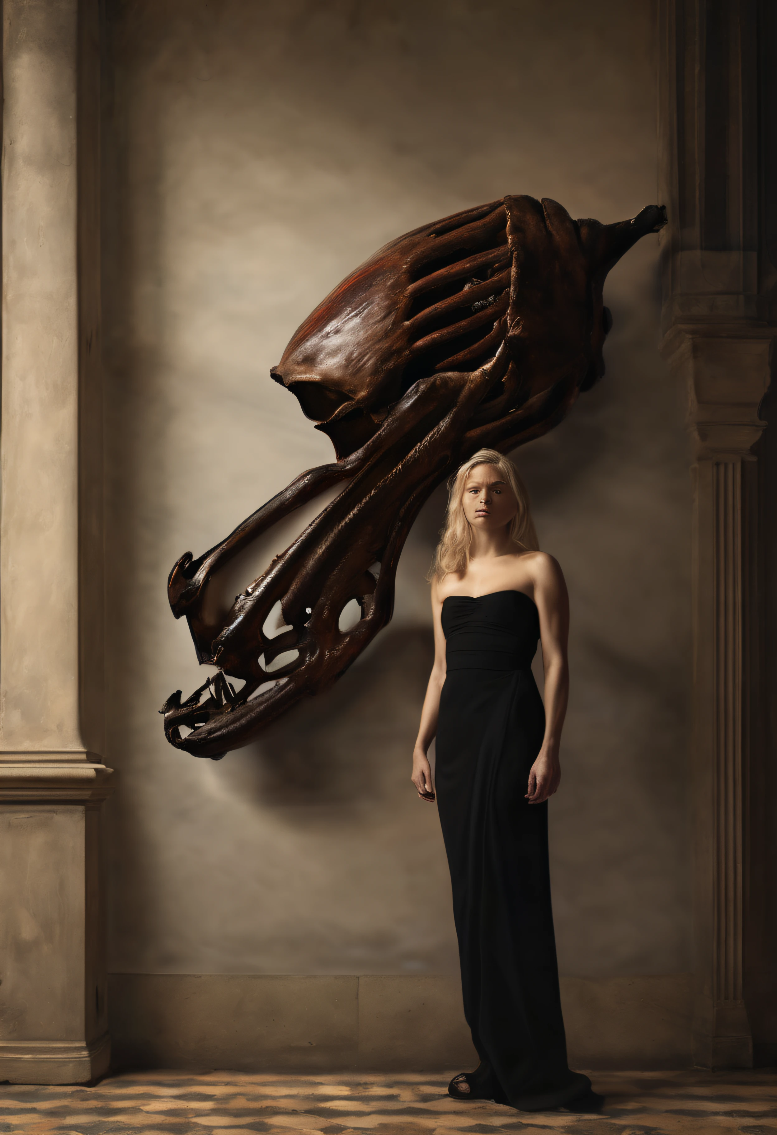 "(The best lighting, alto contraste, oscuro, dramatic),(Chica rubia junto a una cabra negra gigante, Open the rib cage, feto, autopsia, huesos humanos, sangre por las paredes). Luz Caravaggio"