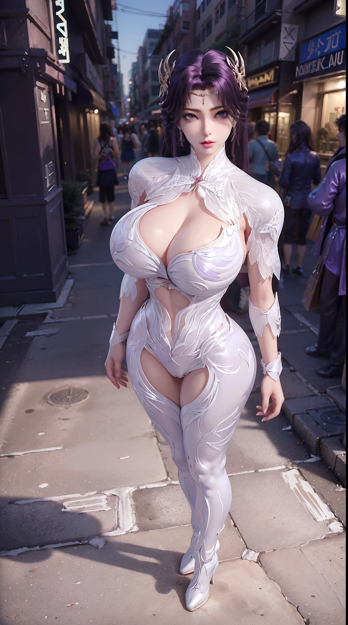 (DRAGON QUEEN HELM), (ULZZANG), (HUGE FAKE BOOBS:1.2), (STREET CITY NIGHT), (PURPLE, WHITE), (FUTURISTIC MECHA CROP TOP:1), (CLEAVAGE), (SKINTIGHT YOGA PANTS:1), (HIGH HEELS), (PERFECT BODY:1.2), (FULL BODY:1.2), (LOOKING AT VIEWER), (STANDING:1.3), SEXY BODY, (MUSCLE ABS:1), UHD, 8K, 1080P.