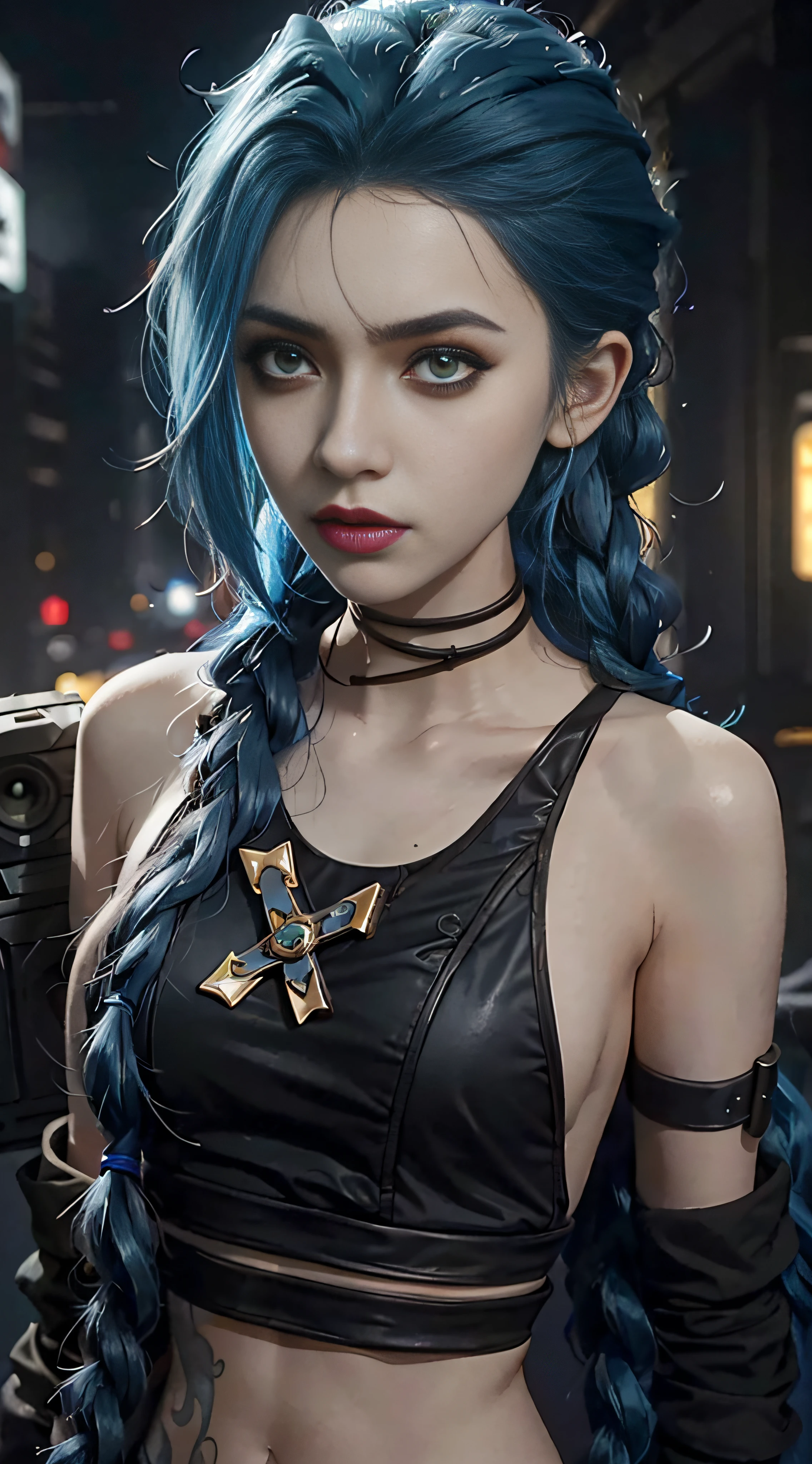 there is a woman with blue hair and a black top, portrait of jinx from arcane, jinx from arcane, jinx from league of legends, rococo cyberpunk, Cyberpunk Style ， Hyperrealistic, loba andrade from apex legends, ornamental gothic - cyberpunk, Hyper-realistic cyberpunk style, portrait of lady mechanika, alice in wonderland cyberpunk, Vivid steampunk concept