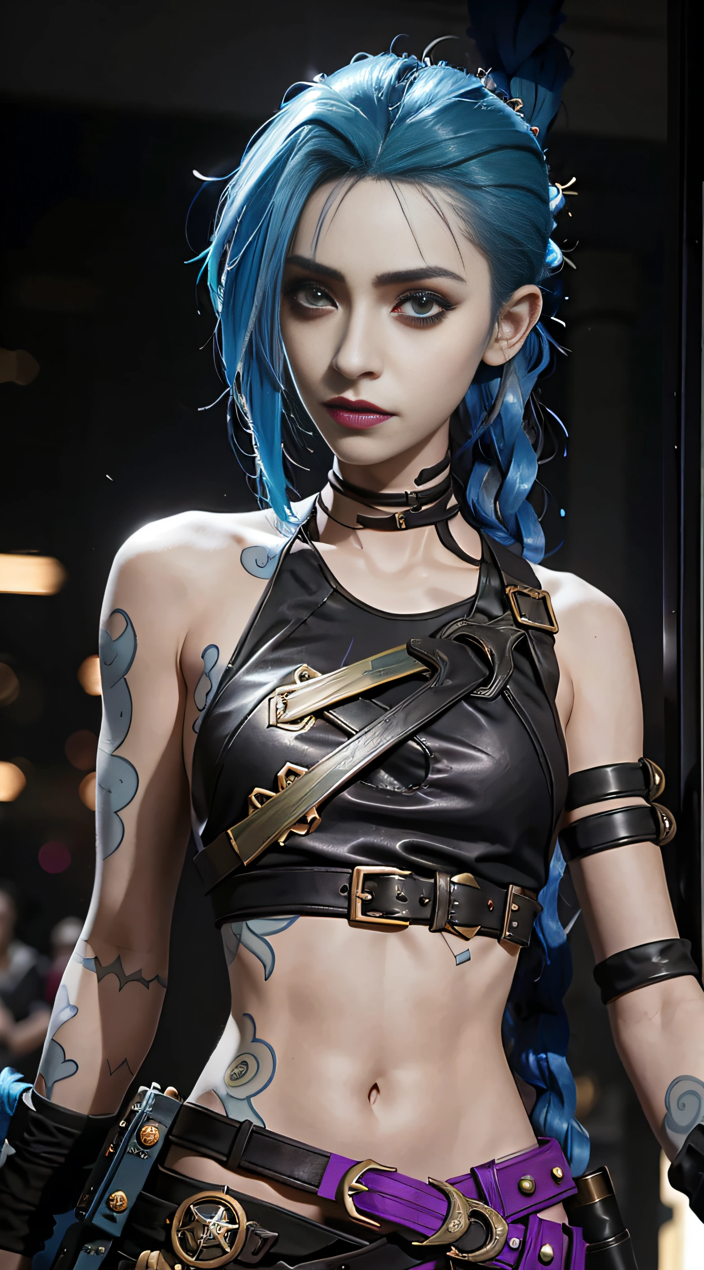 there is a woman with blue hair and a black top, portrait of jinx from arcane, jinx from arcane, jinx from league of legends, rococo cyberpunk, Cyberpunk Style ， Hyperrealistic, loba andrade from apex legends, ornamental gothic - cyberpunk, Hyper-realistic cyberpunk style, portrait of lady mechanika, alice in wonderland cyberpunk, Vivid steampunk concept，grexaggerated movements，Arrogant，rebelliousness，Full body photo，fisheyelens，self-shot，Madness