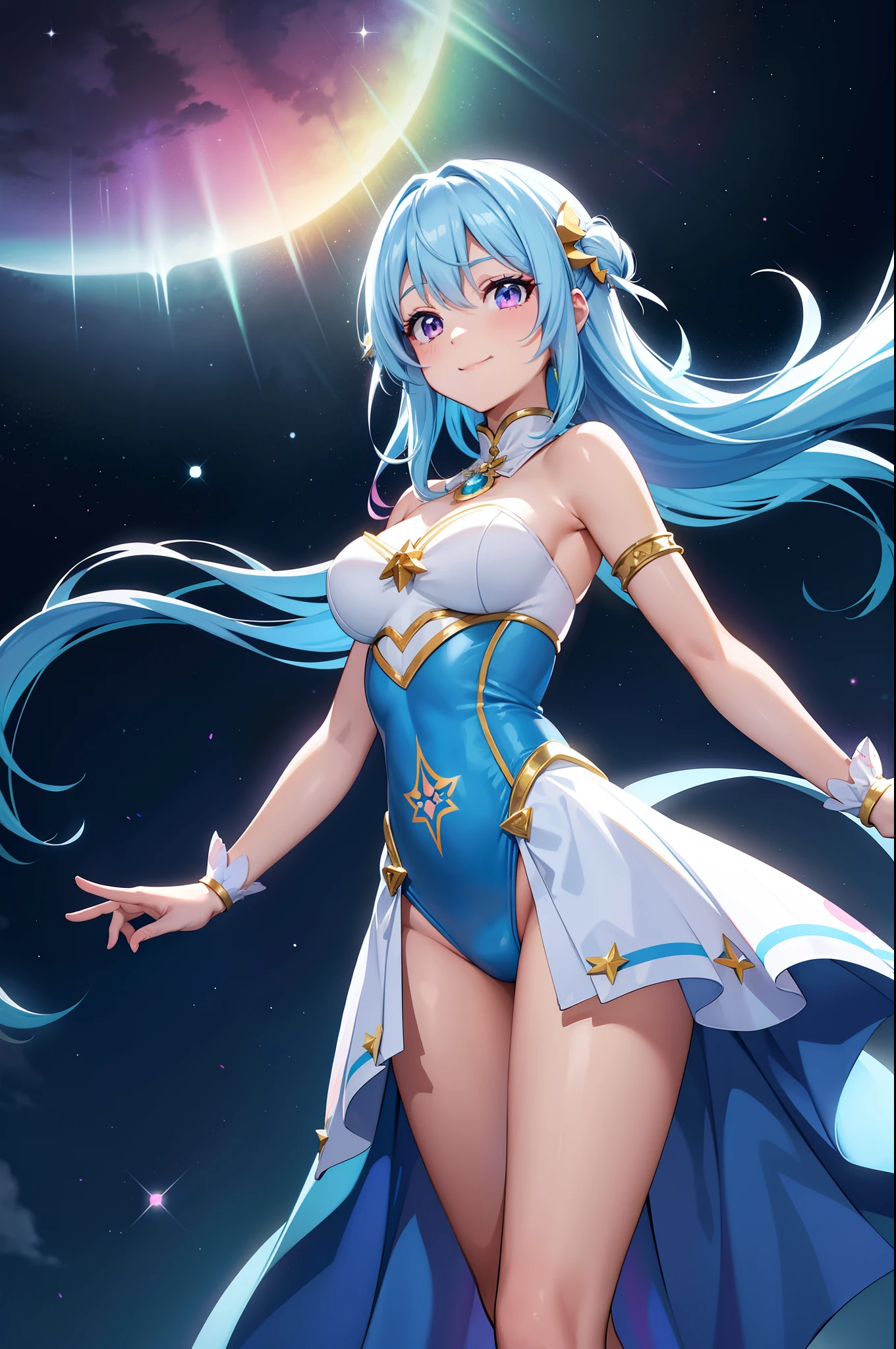 Super Idol a beauty girl A charming smile sky blue hair length hair Twin-tailed Glittery bright pink and white and blue and yellow leotards facing front Big wings of angel 7 colors on the back Mystical Fantasia constellation a moon Crystal Brilliance Aurora Borealis in the Night Sky