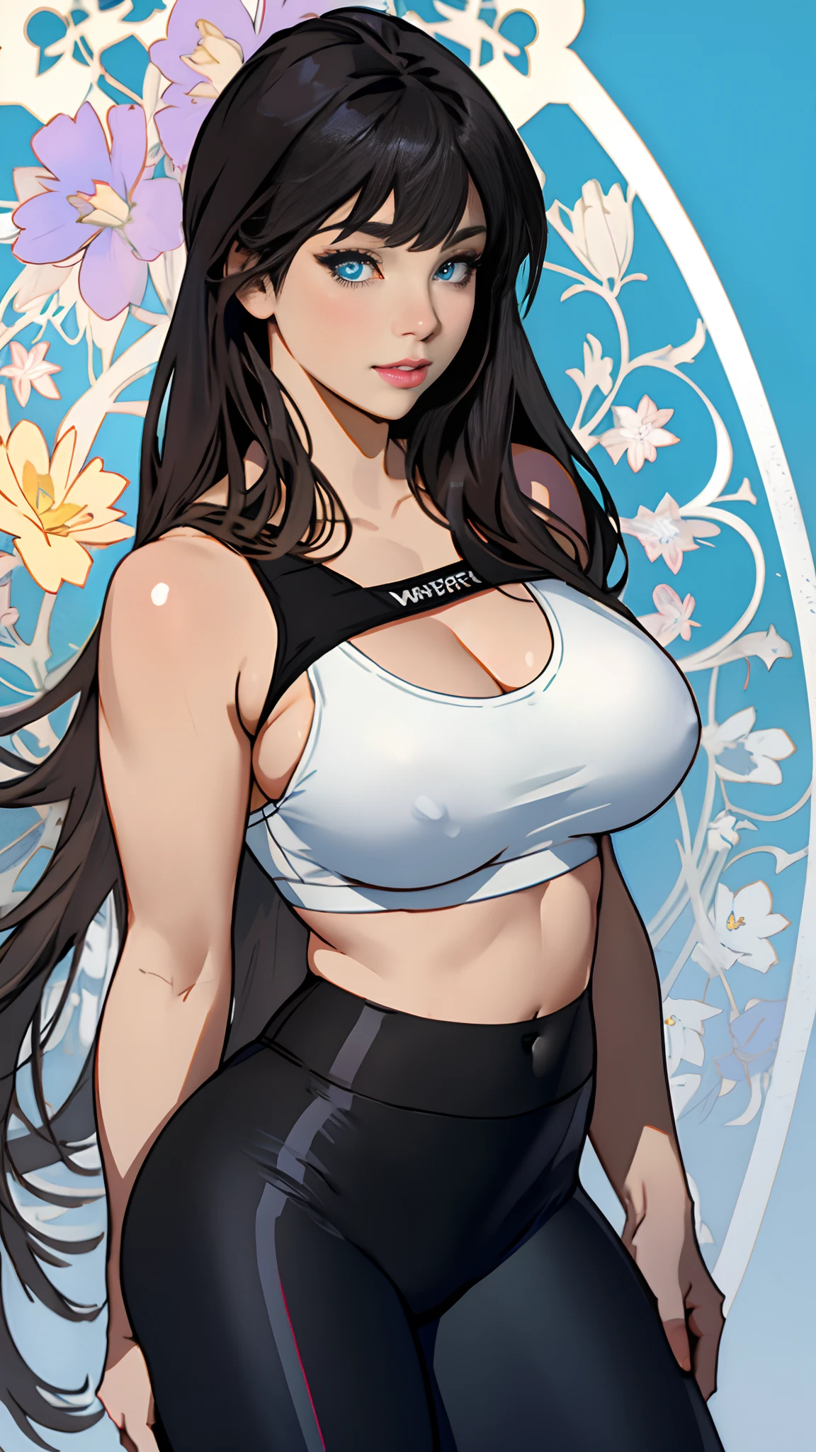 photo stock picture of beautiful woman full body, 1girl, bangs, blue_eyes, big round breast, sexy body, oversized breasts, blurry, blurry_background, closed_mouth, depth_of_field, expressionless, eyelashes, lips, long_hair, looking_at_viewer, realistic, solo. Alphonse Mucha style, leggings, sports bra, nsfw