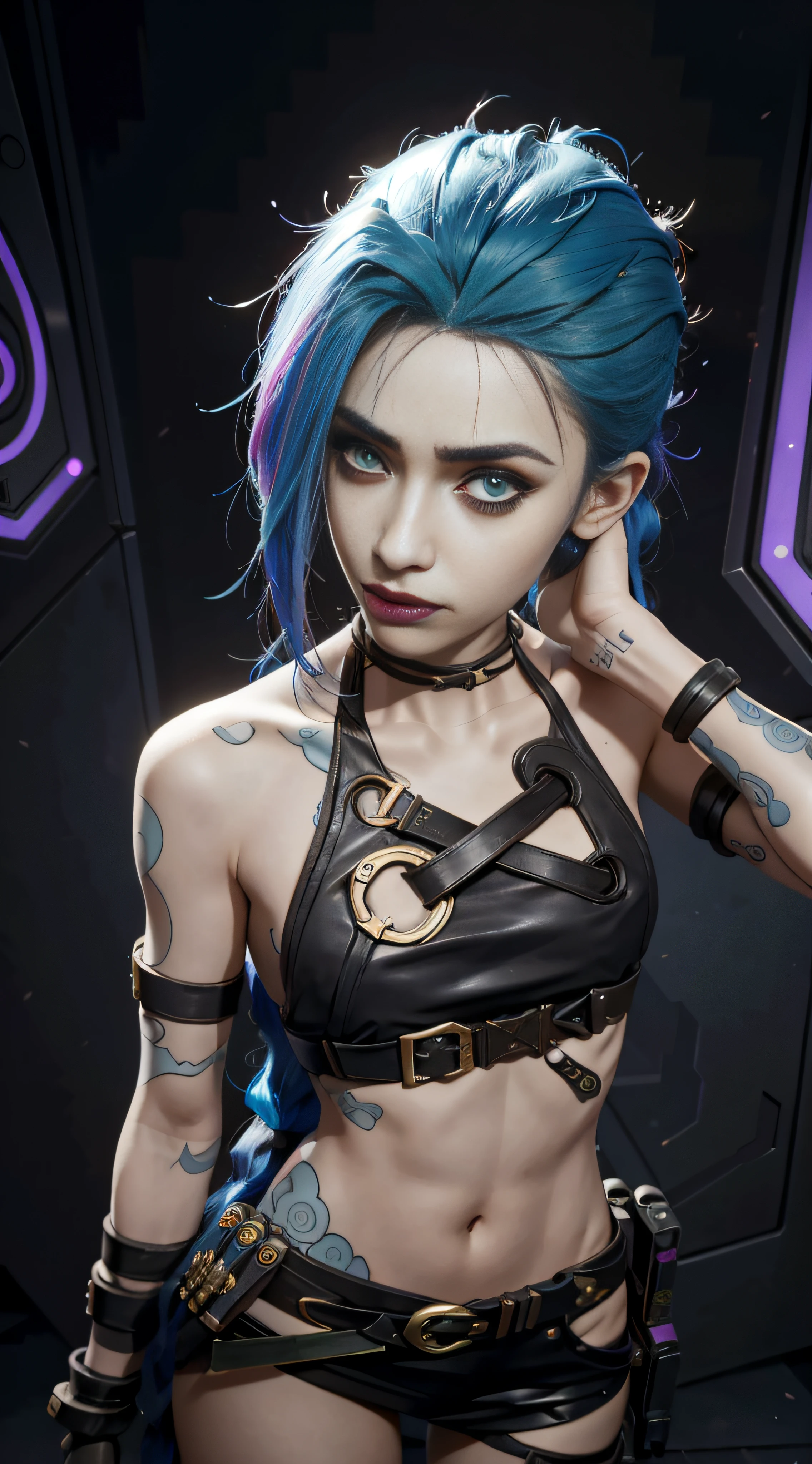 there is a woman with blue hair and a black top, portrait of jinx from arcane, jinx from arcane, jinx from league of legends, rococo cyberpunk, Cyberpunk Style ， Hyperrealistic, loba andrade from apex legends, ornamental gothic - cyberpunk, Hyper-realistic cyberpunk style, portrait of lady mechanika, alice in wonderland cyberpunk, Vivid steampunk concept，grexaggerated movements，Arrogant，rebelliousness，Full body photo，fisheyelens，self-shot，Madness