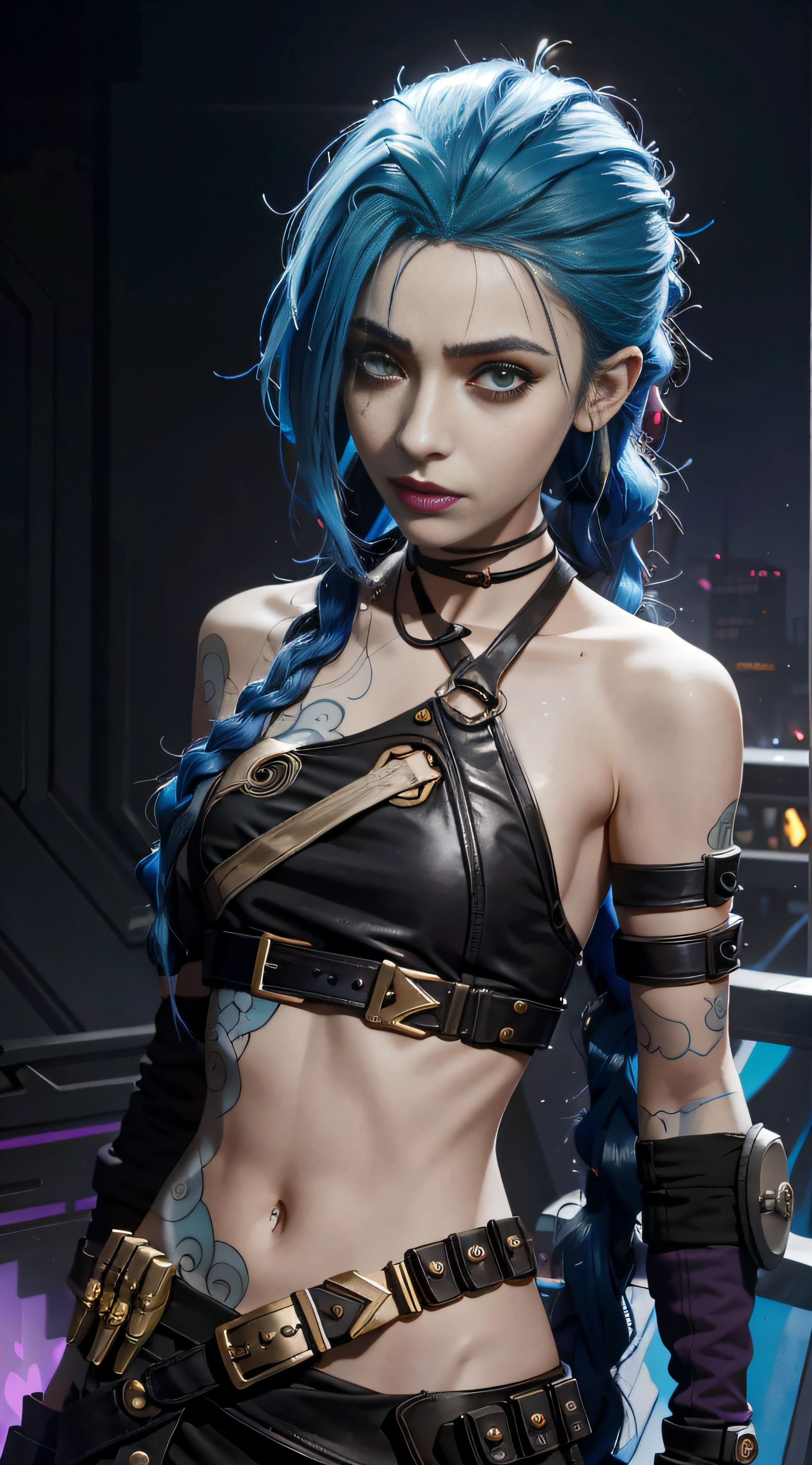 there is a woman with blue hair and a black top, portrait of jinx from arcane, jinx from arcane, jinx from league of legends, rococo cyberpunk, Cyberpunk Style ， Hyperrealistic, loba andrade from apex legends, ornamental gothic - cyberpunk, Hyper-realistic cyberpunk style, portrait of lady mechanika, alice in wonderland cyberpunk, Vivid steampunk concept，grexaggerated movements，Arrogant，rebelliousness，Full body photo，fisheyelens，self-shot，Madness