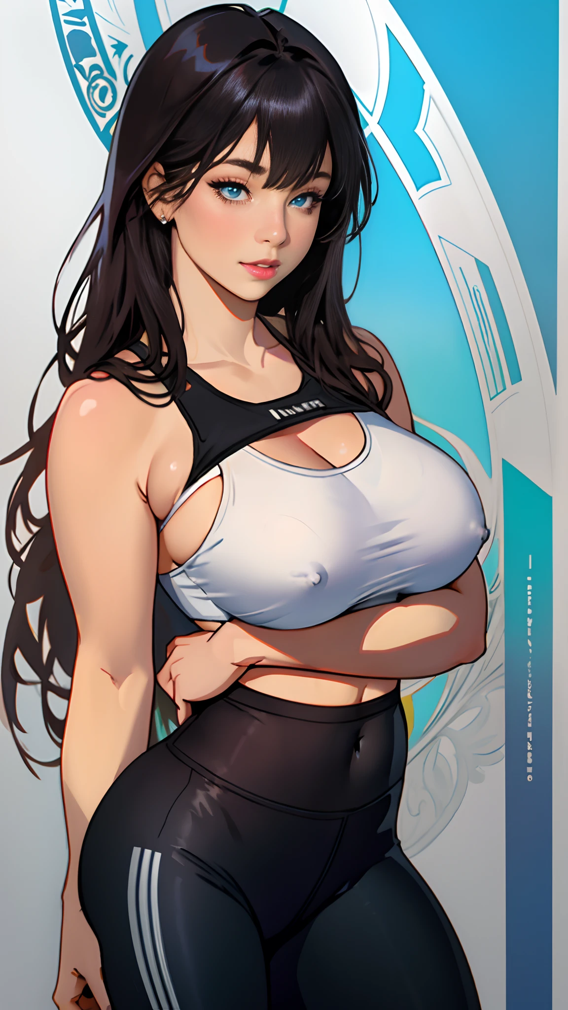 photo stock picture of beautiful woman full body, 1girl, bangs, blue_eyes, big round breast, sexy body, oversized breasts, blurry, blurry_background, closed_mouth, depth_of_field, expressionless, eyelashes, lips, long_hair, looking_at_viewer, realistic, solo. Alphonse Mucha style, leggings, sports bra, nsfw