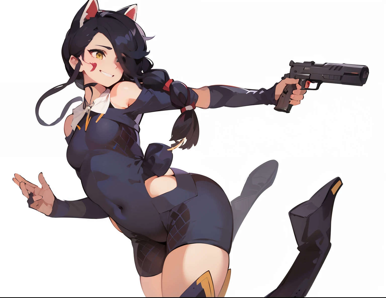 A girl with dark blue hair, cat ears and a tail, wearing a black bikini and racing pants　Loli body type　　Twin tails　　　　Flat Chest　Wearing a hoodie　Butt in detail　Holding an assault rifle