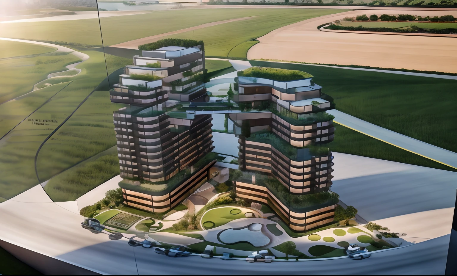 masterpiece, highest quality, exterior design, modern design, luxury high-rise building for apartments, landscape, win award of architect prize, glass facade, green wall, sunlight, ground surrounded by green grass