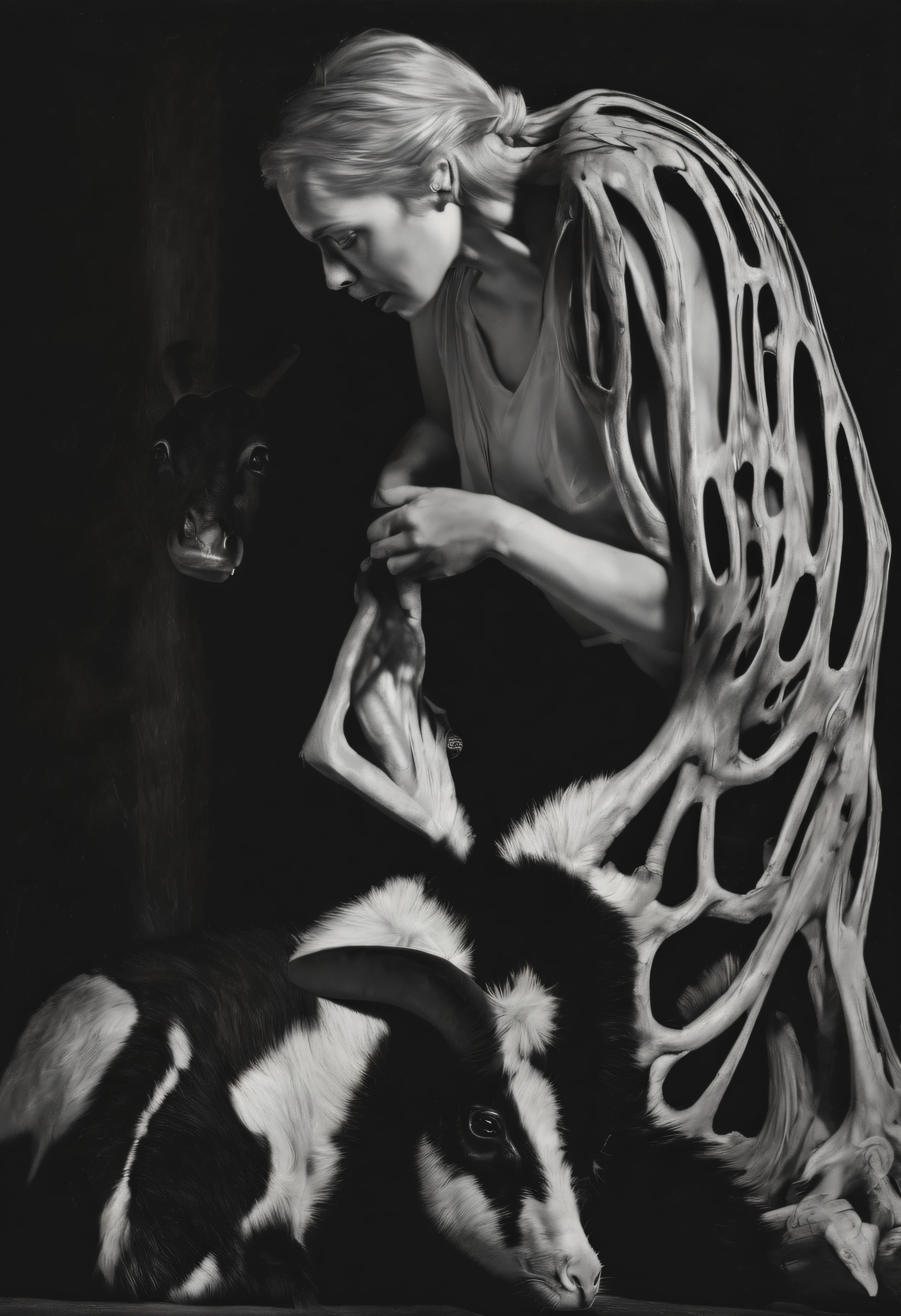 "(The best lighting, alto contraste, oscuro, dramatic),(Chica rubia junto a una cabra negra gigante, Open the rib cage, feto, autopsia, huesos humanos, sangre por las paredes). Luz Caravaggio"