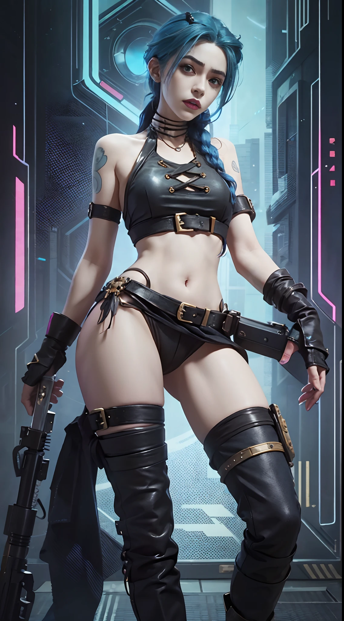 there is a woman with blue hair and a black top, portrait of jinx from arcane, jinx from arcane, jinx from league of legends, rococo cyberpunk, Cyberpunk Style , Hyperrealistic, loba andrade from apex legends, ornamental gothic - cyberpunk, Hyper-realistic cyberpunk style, portrait of lady mechanika, alice in wonderland cyberpunk, Vivid steampunk concept,grexaggerated movements,Arrogant,rebelliousness,Full body photo,fisheyelens,self-shot,Madness