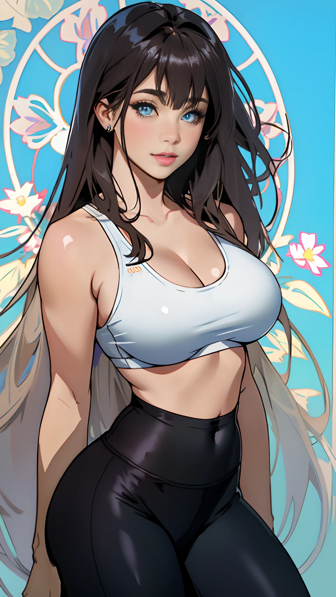 photo stock picture of beautiful woman full body, 1girl, bangs, blue_eyes, big round breast, sexy body, oversized breasts, blurry, blurry_background, closed_mouth, depth_of_field, expressionless, eyelashes, lips, long_hair, looking_at_viewer, realistic, solo. Alphonse Mucha style, leggings, sports bra, nsfw