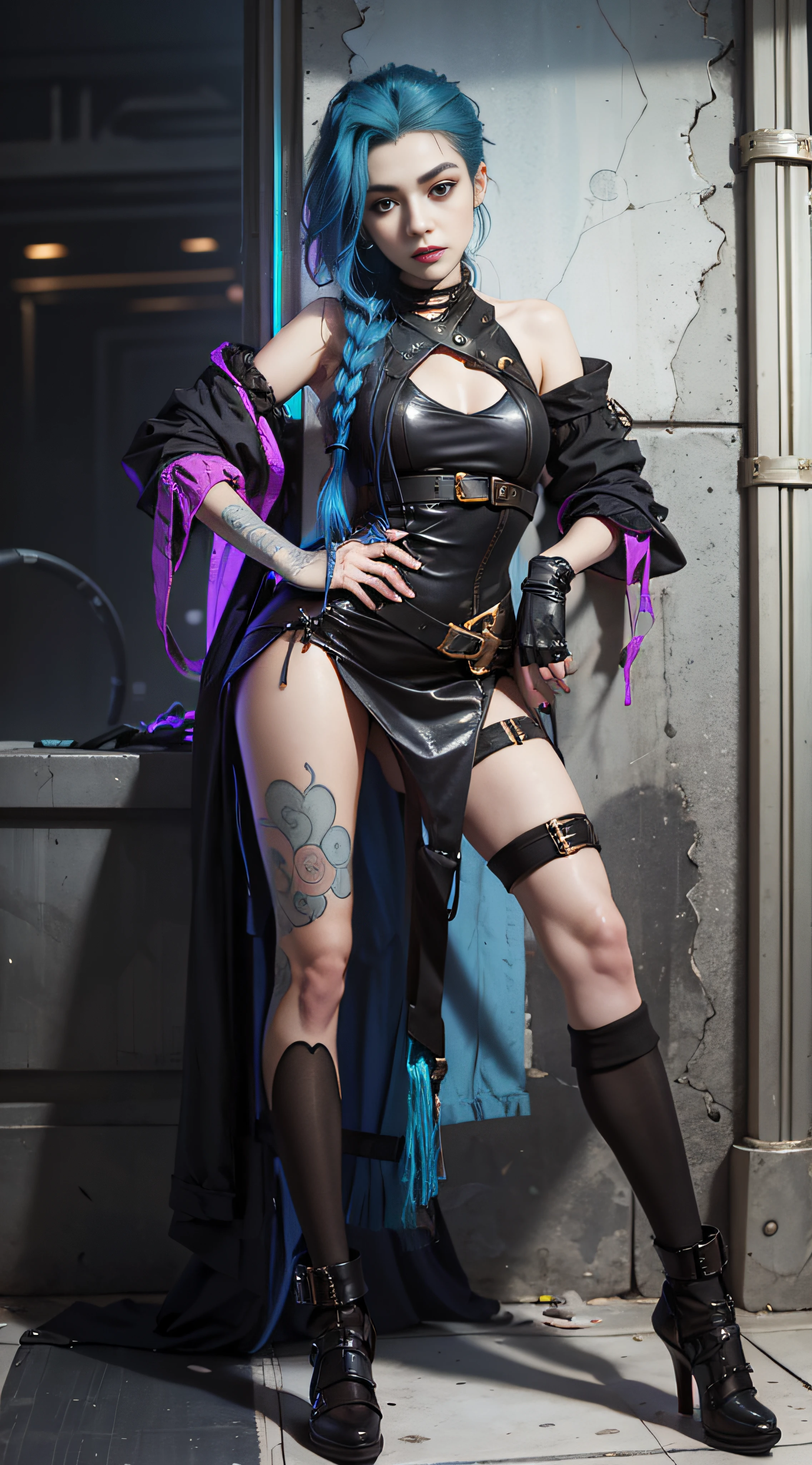 there is a woman with blue hair and a black top, portrait of jinx from arcane, jinx from arcane, jinx from league of legends, rococo cyberpunk, Cyberpunk Style , Hyperrealistic, loba andrade from apex legends, ornamental gothic - cyberpunk, Hyper-realistic cyberpunk style, portrait of lady mechanika, alice in wonderland cyberpunk, Vivid steampunk concept,grexaggerated movements,Arrogant,rebelliousness,Full body photo,fisheyelens,self-shot,Madness