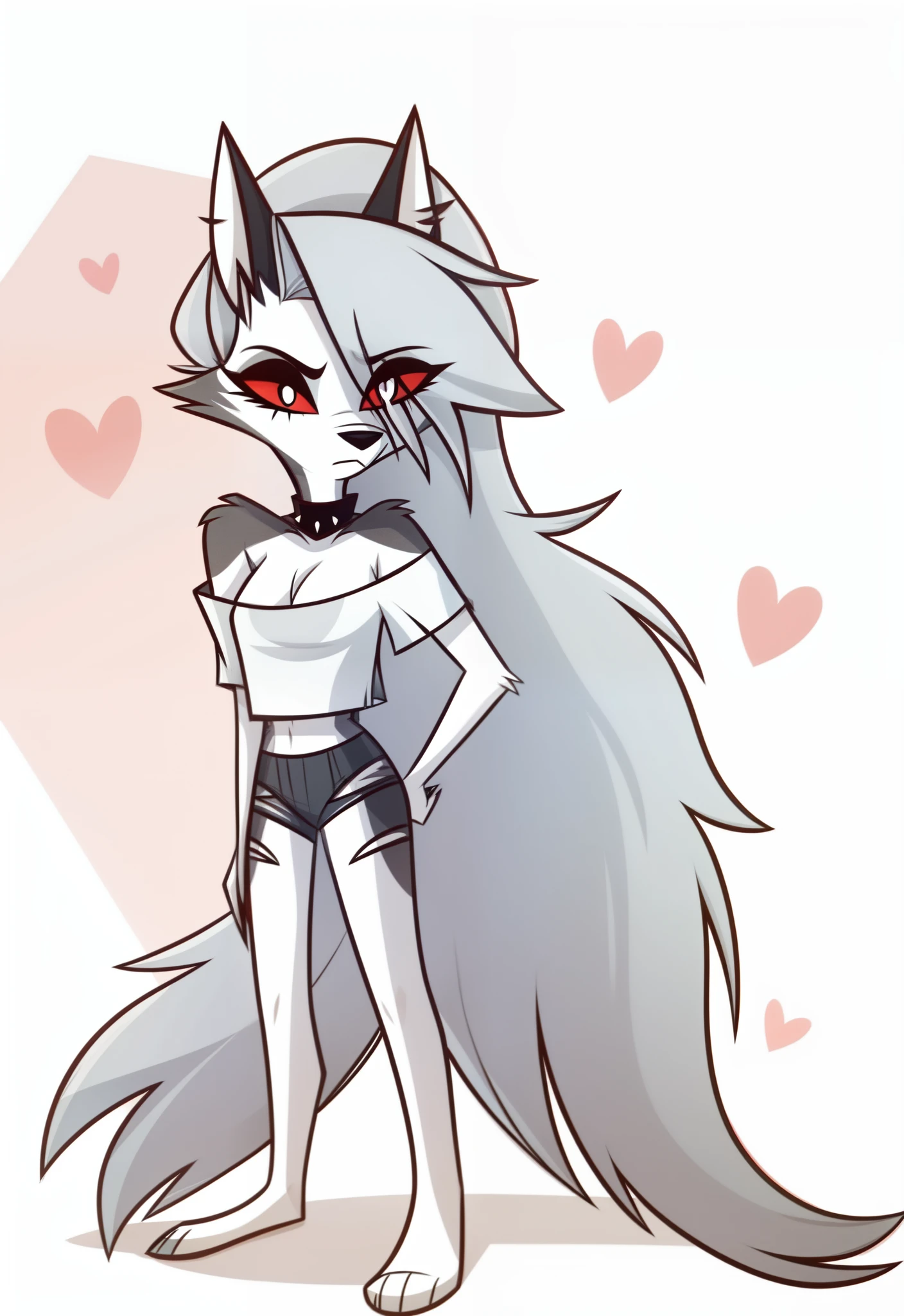 (Vivziepop style), anthro, canid, canid demon, demon, female, hellhound, helluva boss, instagram, (loona), mammal, midriff, official art, red sclera, safe content, shoulderless shirt, solo, long grey hair, (by vivzmind)