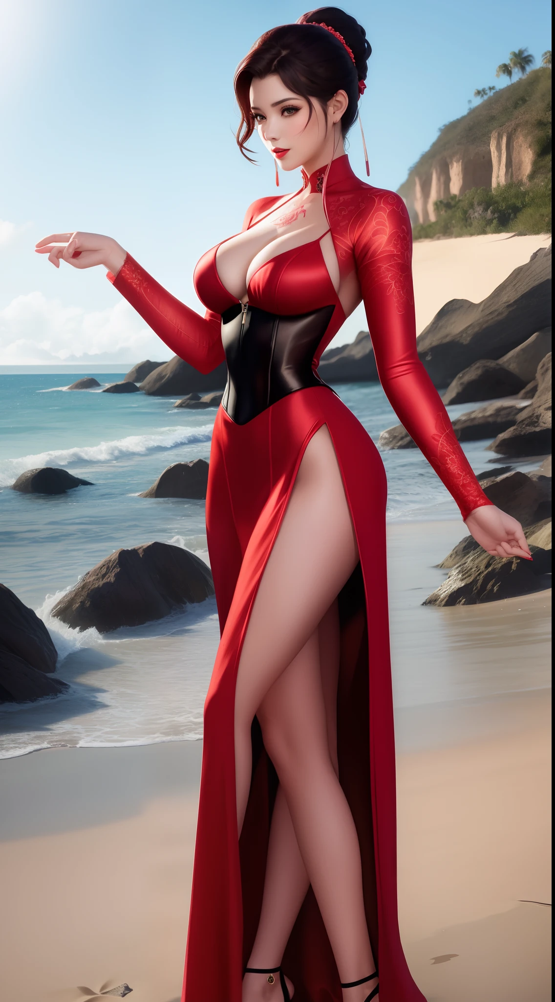 An animated woman poses in front of the beach in a very sexy red dress and corset,Tattooed with