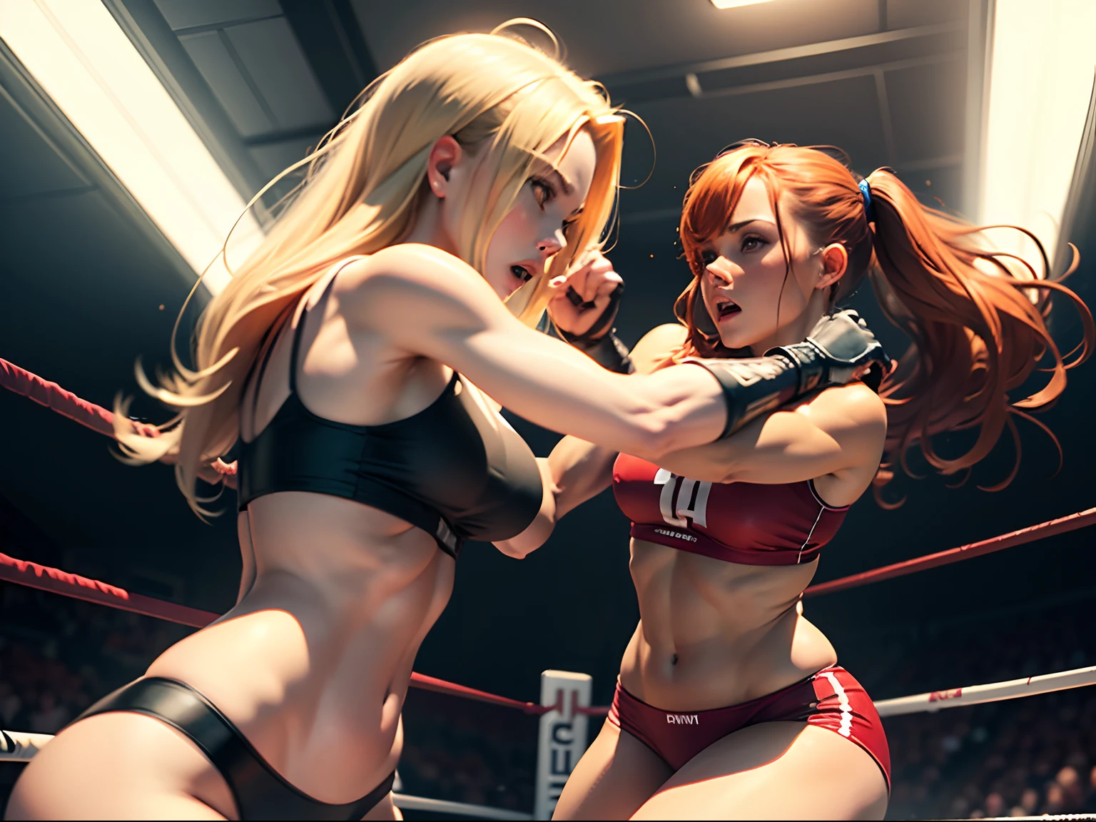 Blonde haired female in a fight with a redhead female