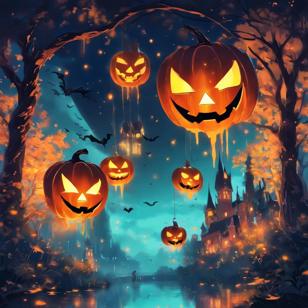 Schwimmende Halloween-Lichter, Filmisches Licht und Reflexion, Leuchtende Lichter, Zwischenelemente des Metaversums,Digitale Malerei, Glowing reflections, Erwägend, Halloween Kürbislaterne, Ruhige Nacht, Digitale Illustration, nice atmosphere, Oberlicht bei Nacht, Ruhige Abendstimmung, Kürbislaterne, Halloween, Die Nacht, themoon, Die Spielszene, Halloween, Umgeben von Wolken, Bauwerke im mittelalterlichen Europa, glasierte Fliesen, EU, Beautiful colors, In the foreground there are three arches((Colorize ink)), ( (Spritzende Tinte ) ), ((Spritzende Tinte) tiefschwarz})), tmasterpiece, Hoher Steinbruch, beautiful graphics, Hohe Detailgenauigkeit,magnificent