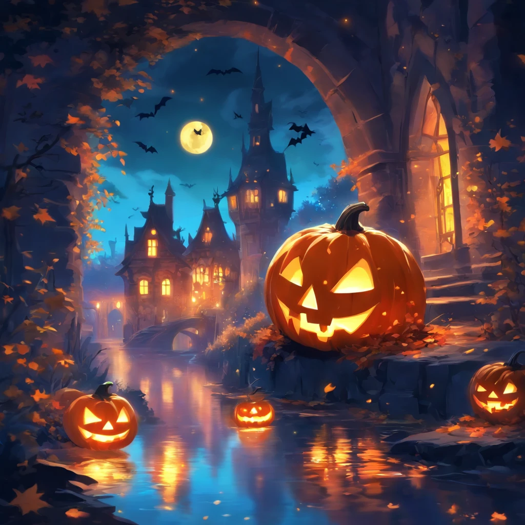 Schwimmende Halloween-Lichter, Filmisches Licht und Reflexion, Leuchtende Lichter, Zwischenelemente des Metaversums,Digitale Malerei, Glowing reflections, Erwägend, Halloween Kürbislaterne, Ruhige Nacht, Digitale Illustration, nice atmosphere, Oberlicht bei Nacht, Ruhige Abendstimmung, Kürbislaterne, Halloween, Die Nacht, themoon, Die Spielszene, Halloween, Umgeben von Wolken, Bauwerke im mittelalterlichen Europa, glasierte Fliesen, EU, Beautiful colors, In the foreground there are three arches((Colorize ink)), ( (Spritzende Tinte ) ), ((Spritzende Tinte) tiefschwarz})), tmasterpiece, Hoher Steinbruch, beautiful graphics, Hohe Detailgenauigkeit,magnificent