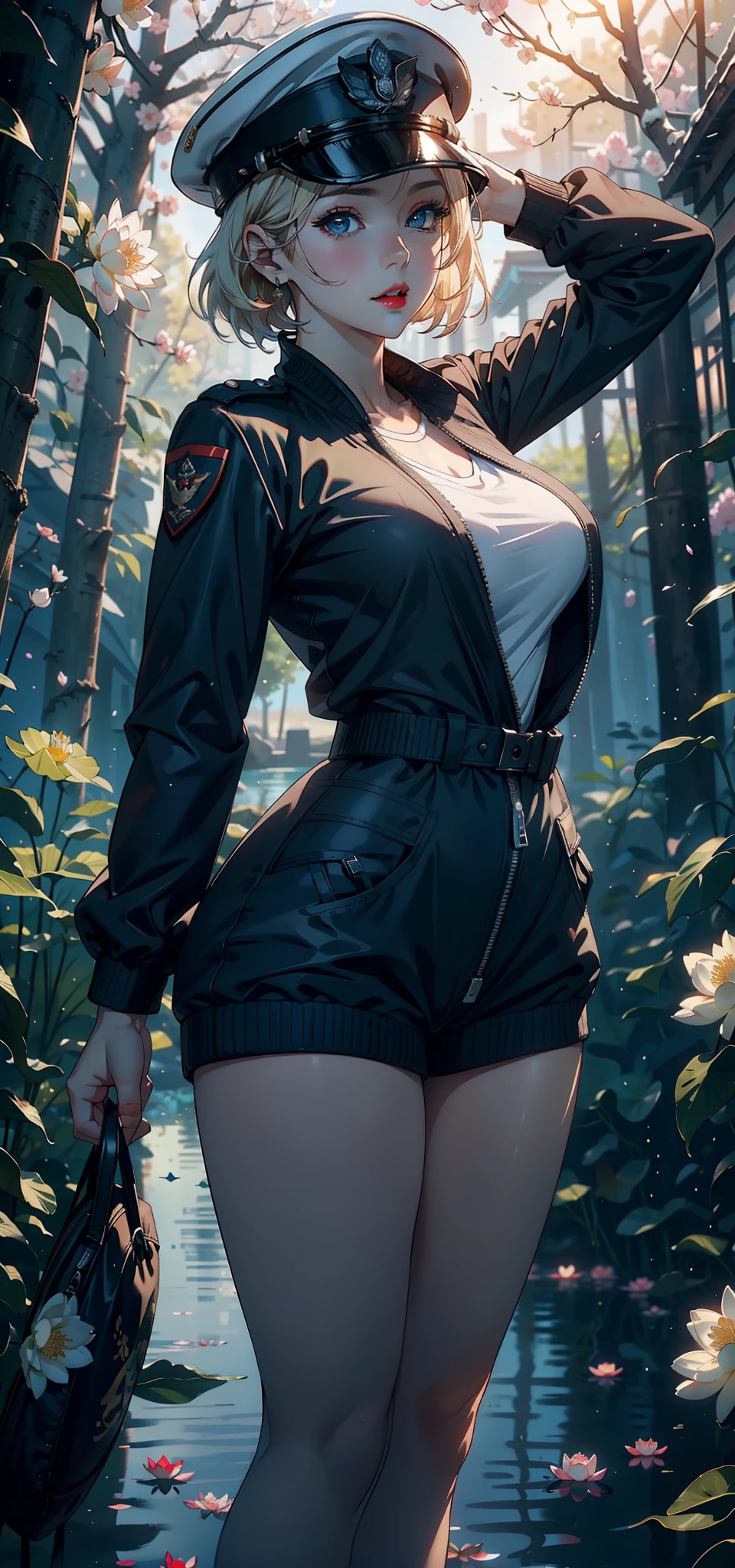 (Background with:ponds,Cherry blossom forest,lotus flower)Lie underwater, She has short blonde hair,bobo head,seen from the front,mostly cloudy sky,(((tmasterpiece),(Very detailed CG unity 8K wallpaper),best qualtiy,cinmatic lighting,detailed back ground,beatiful detailed eyes,Bright pupils,Blue eyes,Snow-whiteskin,Redlip(Very fine and beautiful),(Beautiful and detailed eye description),ultra - detailed,tmasterpiece,))facing at camera,A high resolution,ultra - detailed),revealing breasts,Bare genitalia, Bulge,legs are open,Raised sexy,Camel toes,Desire for dissatisfaction,frontage,Soviet Air Force(Wearing : black bomber jacket,Black jumpsuits )Officer's cap