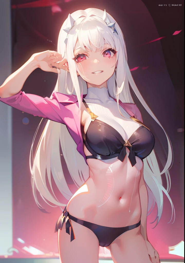 DETAILED, DENSE, MASTERPIECE, one girl, beautiful, 22 years old, smooth skin, glowing skin, glowing hair, clear eyes, glowing eyes, red eyes, soft lips,(viewer Looking down: 0. 8) smiling slightly, cheeks stained, mouth open, one girl, soft skin, large breasts, glowing skin, (Masterpiece: 1.0), (Realistic: 1.6), (Soft Focus: 1.5), full body, big lips, sexy face, sharp eyes, grin, skinny waist, (((skinny waist))), pastel pink jacket, white hair, bikini, wate