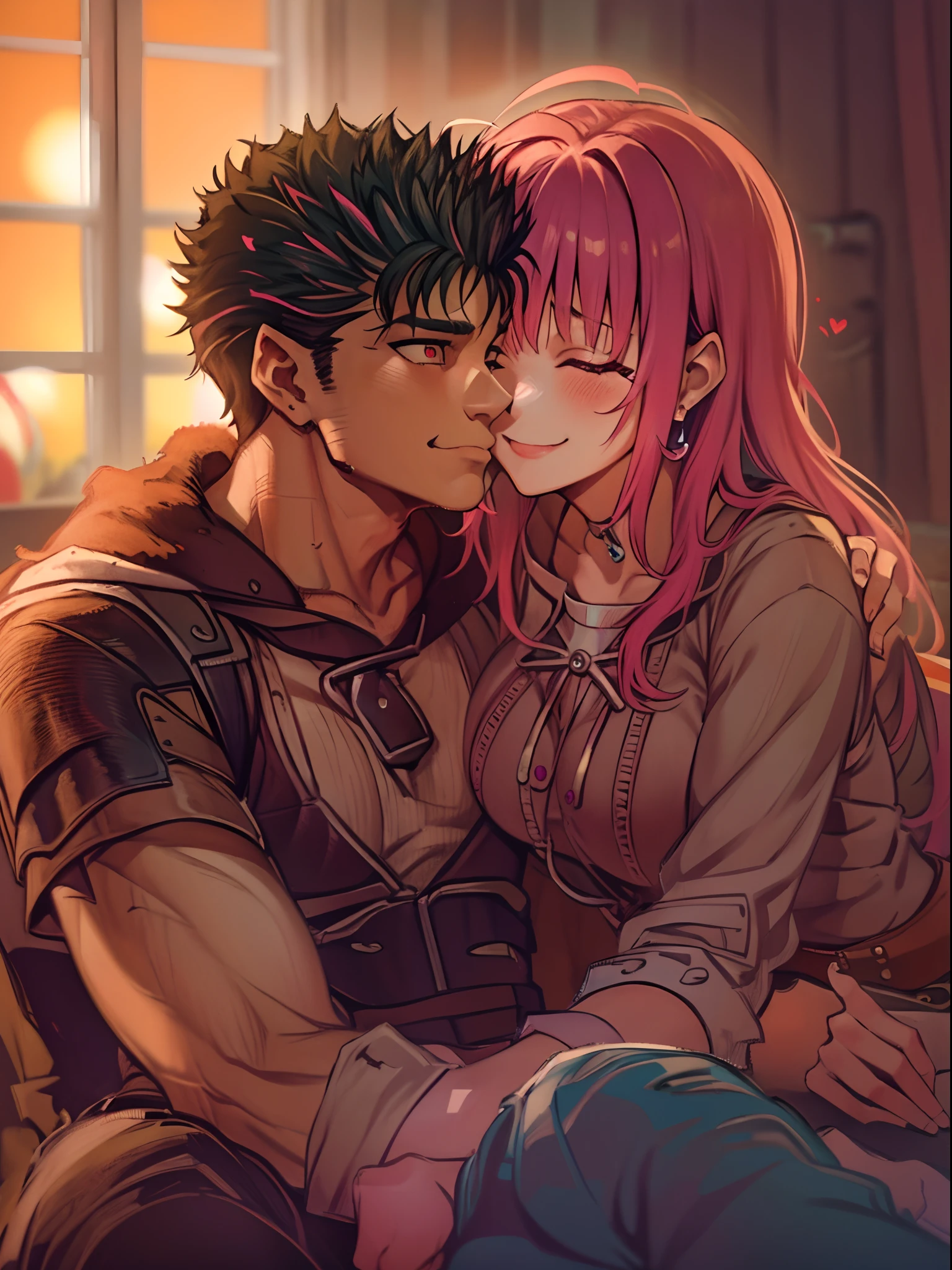 riamu,guts,couple,husband and wife,love dovey couple,sitting,hug,kiss,smile,(best quality,4k,8k,highres,masterpiece:1.2),ultra-detailed,(r1.37),portraits,vivid colors,warm tones,soft lighting