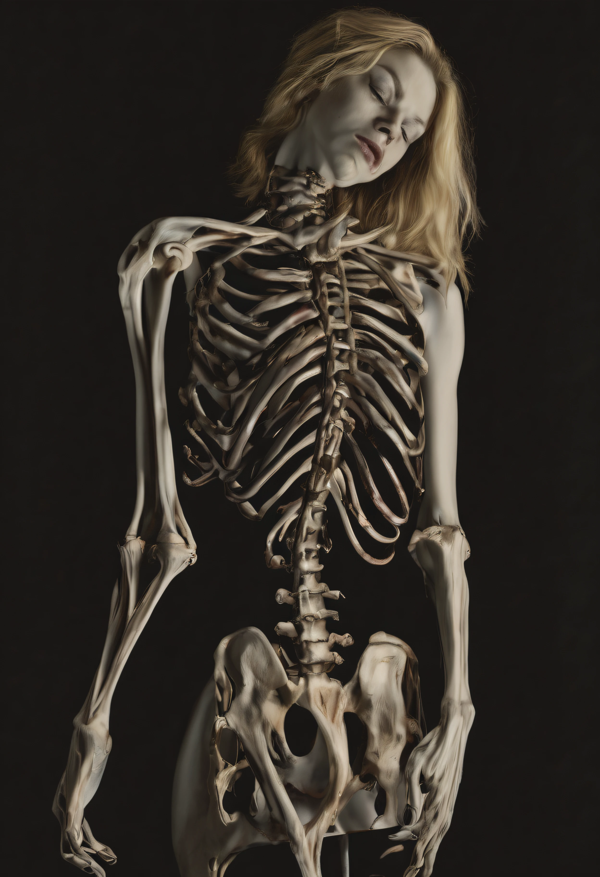 "(The best lighting, alto contraste, oscuro, dramatic),(Chica rubia junto a una cabra negra gigante, Open the rib cage, feto, autopsia, huesos humanos, sangre por las paredes). Luz Caravaggio"