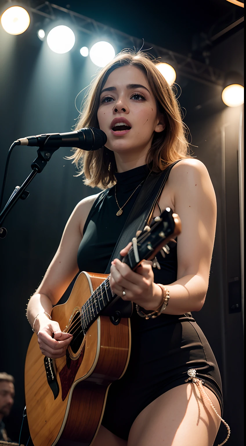 Step into a captivating portrait capturing the essence of a girl musician, their fingers dancing across the strings of a guitar on a vibrant stage. Through the lens of a Sony α7 III camera, equipped with a 100mm lens set to a wide-open aperture of F 1.2, the background seamlessly dissolves into a tapestry of artful bokeh, allowing the subject to command the spotlight. The stage radiates with dramatic lighting, as spotlights cut through the velvety haze of smoke, creating a dynamic and immersive atmosphere. Employing the iconic Rembrandt lighting technique, the musician’s face and hands are skillfully bathed in soft, directional light, accentuating every passionate expression and intricate movement. Harnessing the powerful Midjourney v5 with photorealism mode, this image transcends mere representation, vividly capturing the musician’s unwavering talent and boundless devotion. With each strum of the guitar, the viewer becomes entranced by the artist’s undeniable passion, transported to a realm where music becomes a living, breathing entity. –v 5.2 –ar 16:9 – style raw