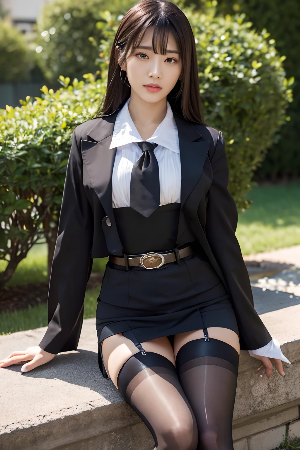 ​masterpiece、top-quality、The ultra -The high-definition、、colourfull、flat-colors、depth of fields、lens flare 1 girl、、A dark-haired、watching at viewers　Suits　Cutter shirt　a belt　suspenders　working adults　materia　OL　Black Suit　Black jacket　glares　huge-breasted　a miniskirt　garterbelts　knee high　Stockings　Black Niso