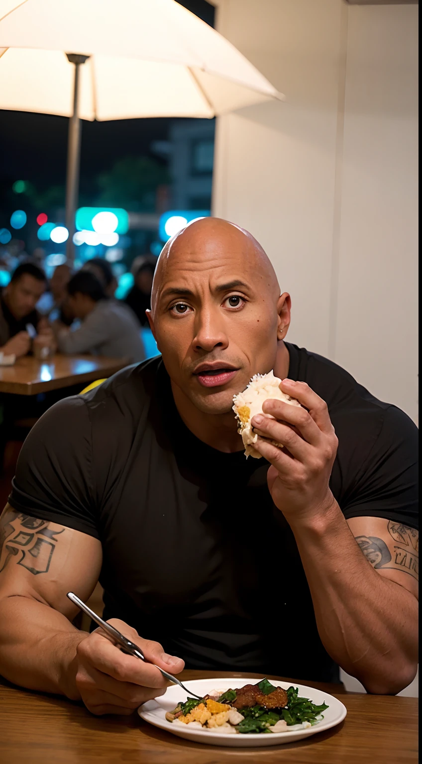 The rock (Dwayne Douglas Johnson) eating nasi lemak in a cafe, nighttime,