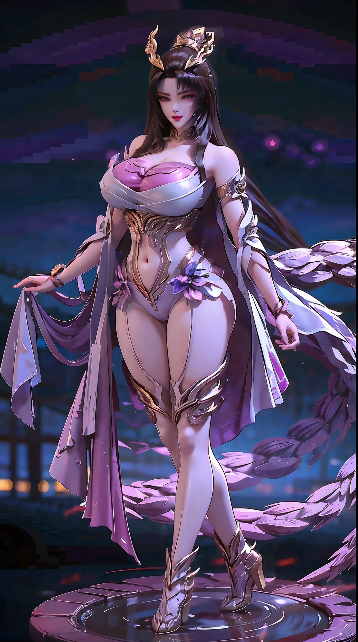 (DRAGON QUEEN HELM), (ULZZANG), (HUGE FAKE BOOBS:1.2), (STREET CITY NIGHT), (PURPLE, WHITE), (FUTURISTIC MECHA CROP TOP:1), (CLEAVAGE), (SKINTIGHT YOGA PANTS:1), (HIGH HEELS), (PERFECT BODY:1.2), (FULL BODY:1.2), (LOOKING AT VIEWER), (STANDING:1.3), SEXY BODY, (MUSCLE ABS:1), UHD, 8K, 1080P.