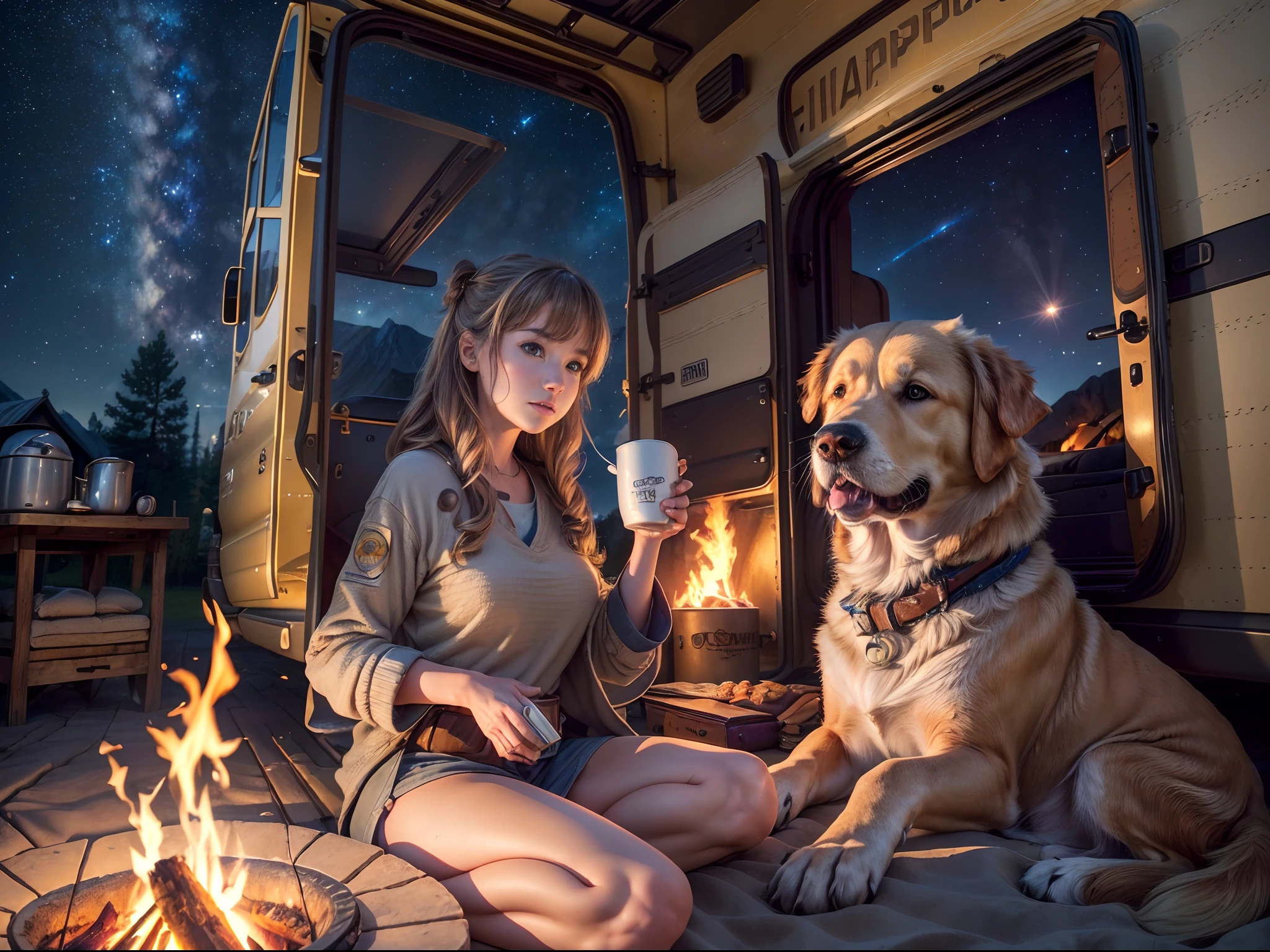 (8K, 16 K, awardwinning, Best Quality, hight resolution, high details, Anatomically correct, Textured skin, masutepiece:1.3),(Camper:1.3), Golden retriever, Large dogs, (1 girl: 1.4), Solo, Campfire, Bland, bonfire, mug, steam, Night, Starry sky, shooting stars, Girl drinking coffee,