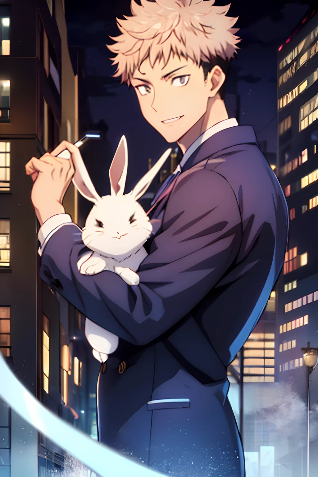 ((Embracing the White Rabbit))Knotweed Yuren,Clear eyes,Big eyes,manly,Close Up Shot, nighttime scene,date,boyfriend,blindfolds, Smiling, Standing on the terrace of a building, Night, Modern city lights, More CG City, Top, Cinematic lighting, lensflare, Detailed shading, Detailed Lighting, Best Quality, Contrasty, sharp, masutepiece, Illustration, Best Detail, Best lens flare quality, nigh sky, Fog in distant cities, Volumetric cloud sky, Detailed facial structure, gojo satoru, Jujutsu Kaisen, Satoru_Five