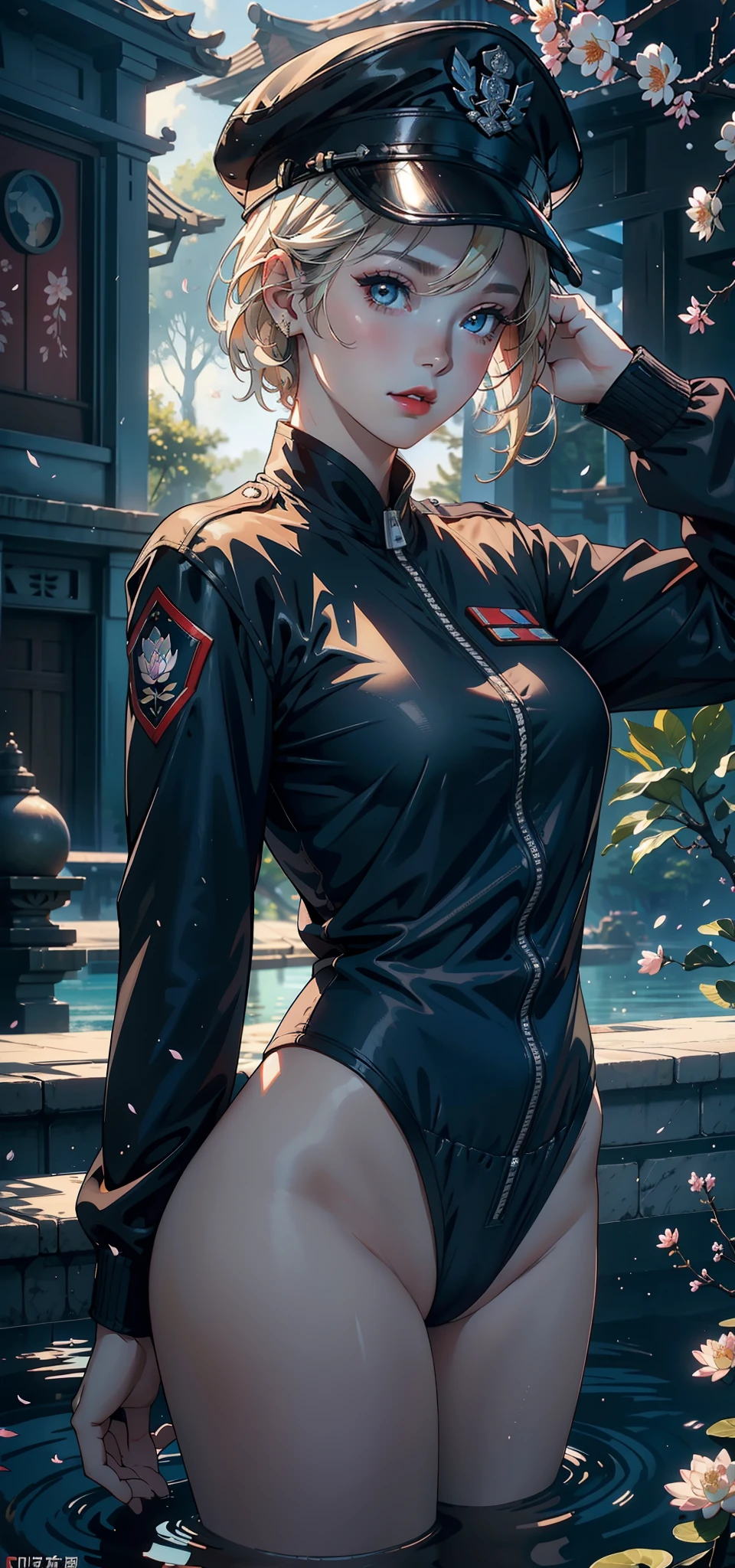 (Background with:ponds,Cherry blossom forest,lotus flower)Lie underwater, She has short blonde hair,bobo head,seen from the front,mostly cloudy sky,(((tmasterpiece),(Very detailed CG unity 8K wallpaper),best qualtiy,cinmatic lighting,detailed back ground,beatiful detailed eyes,Bright pupils,Blue eyes,Snow-whiteskin,Redlip(Very fine and beautiful),(Beautiful and detailed eye description),ultra - detailed,tmasterpiece,))facing at camera,A high resolution,ultra - detailed),revealing breasts,Bare genitalia, Bulge,legs are open,Raised sexy,Camel toes,Desire for dissatisfaction,frontage,air force(Wearing : black bomber jacket,Black jumpsuits ,on cheongsam)Officer's cap