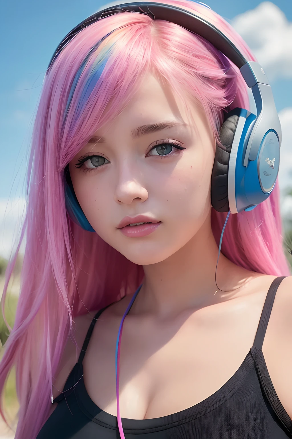 (best quality,close up standing square to camera, 4k,8k,highres,masterpiece:1.2),ultra-detailed,(realistic,photorealistic,photo-realistic:1.37),lofi style,beautiful teenage girl with rainbow hair and headphones,portrait,positive vibes,music cover photo,anime