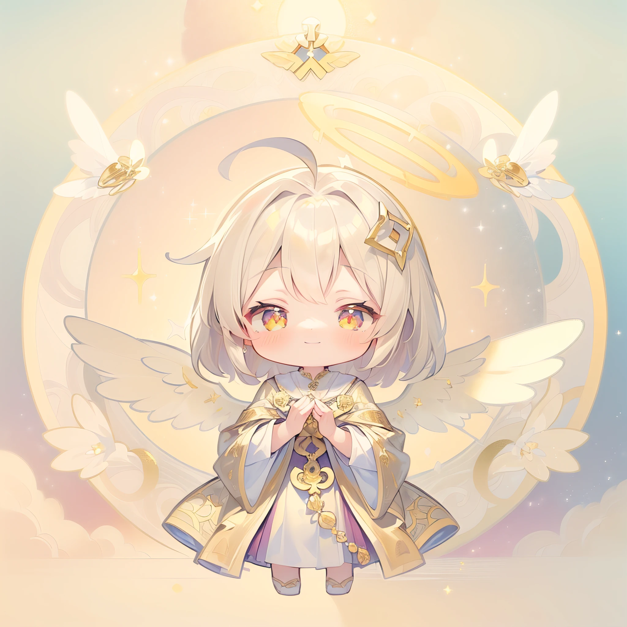 (((masterpiece))), best quality, extremely detailed, (oil painting:1.0), pale color, fresco,(((art nouveau))), (((twilight rays))), (((glitter effect))), (((angel))), (((halo))), (((a girl))), (((solo))), (((gold shorthair))), (((angel costume))), full body, flying, (((remain in the sky))), ahoge, (((deformed))), (((chibi character))), archaic smile,
