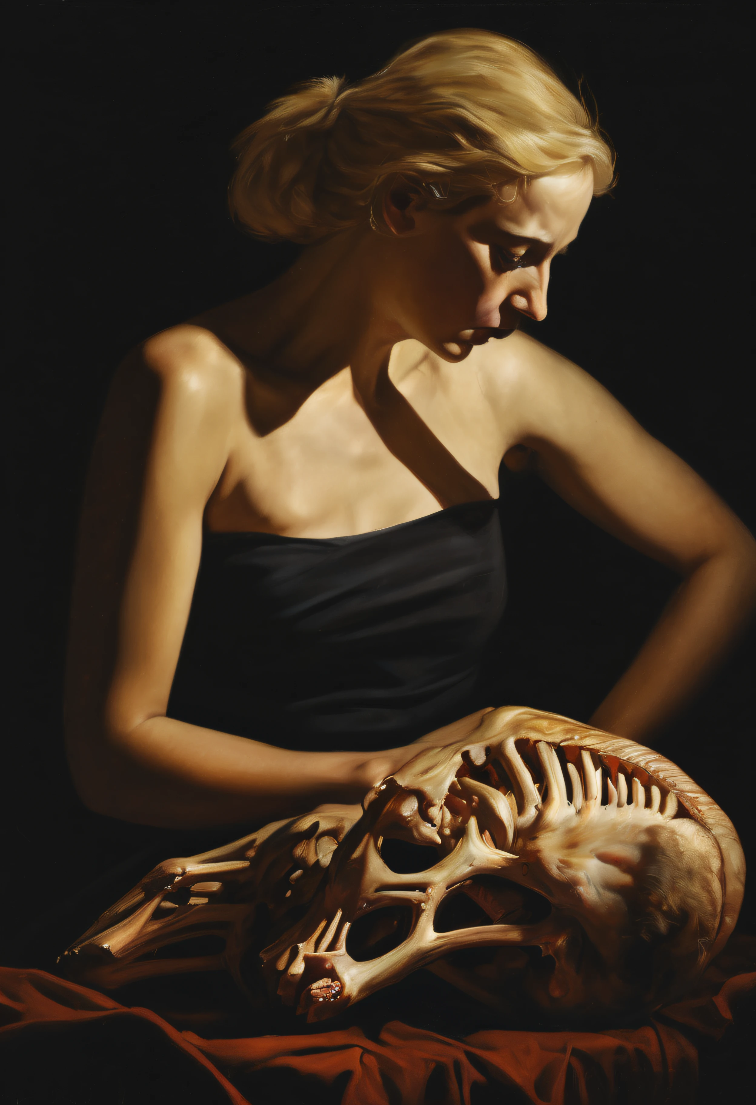 "(The best lighting, alto contraste, oscuro, dramatic),(Chica rubia junto a una cabra negra gigante, Open the rib cage, feto, autopsia, huesos humanos, sangre por las paredes). Luz Caravaggio"