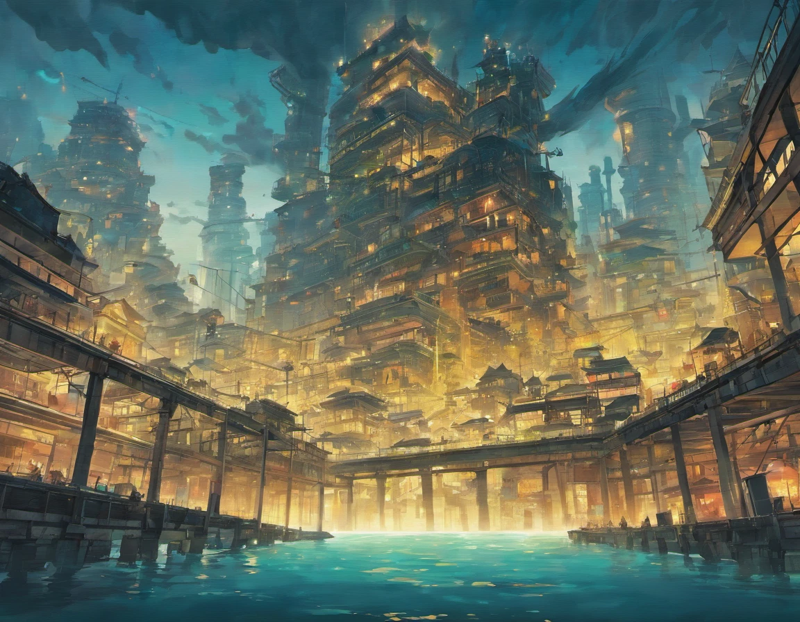 An extremely detailed representation of the industrial city, Shows the discharge of pollutants into the ocean, rivers and lakes. The contrast between industry and water is emphasized.sewage,Turbidity