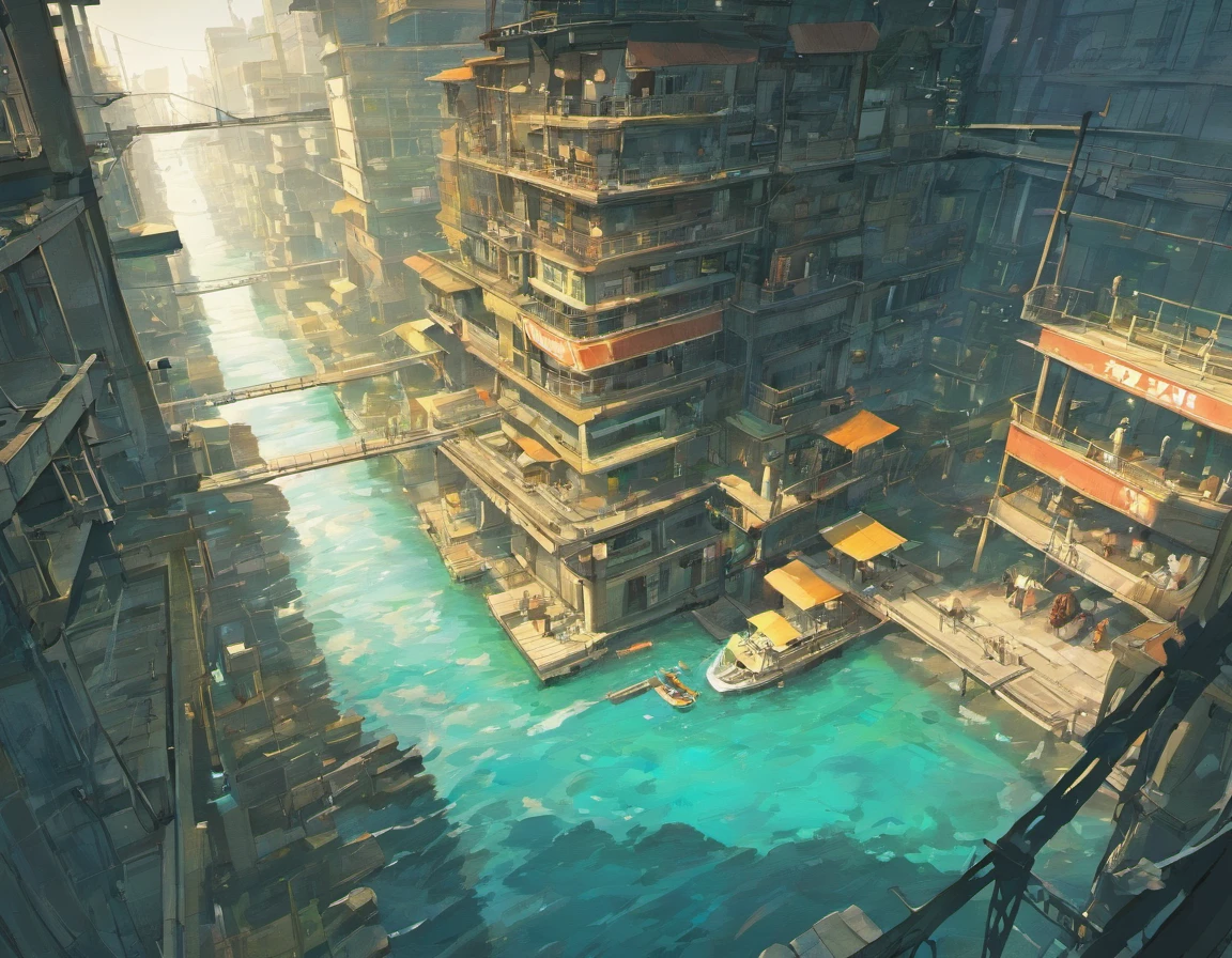 An extremely detailed representation of the industrial city, Shows the discharge of pollutants into the ocean, rivers and lakes. The contrast between industry and water is emphasized.sewage,Turbidity